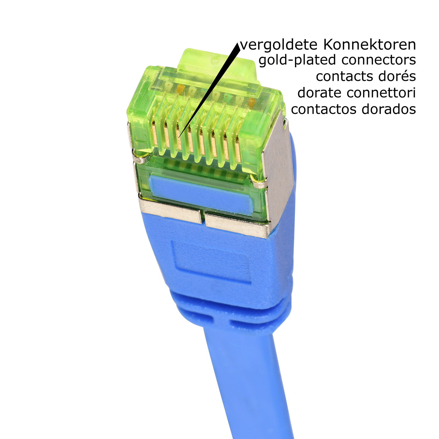 Nahaufnahme eines blauen Ethernet-Kabelanschlusses mit vergoldeten Kontakten, beschriftet.