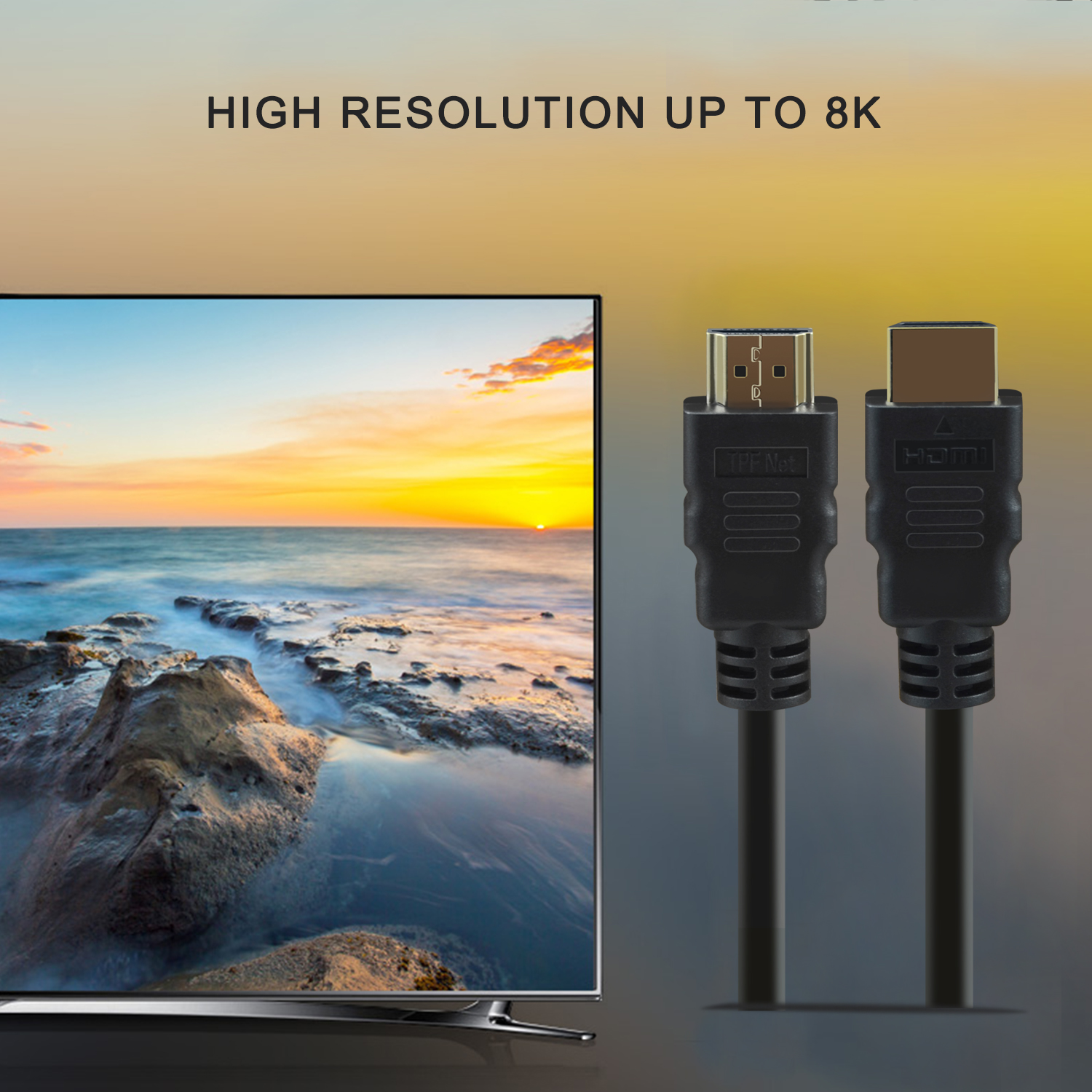 HDMI-Kabel mit Text: HIGH RESOLUTION UP TO 8K, und ein TV-Bildschirm im Hintergrund.