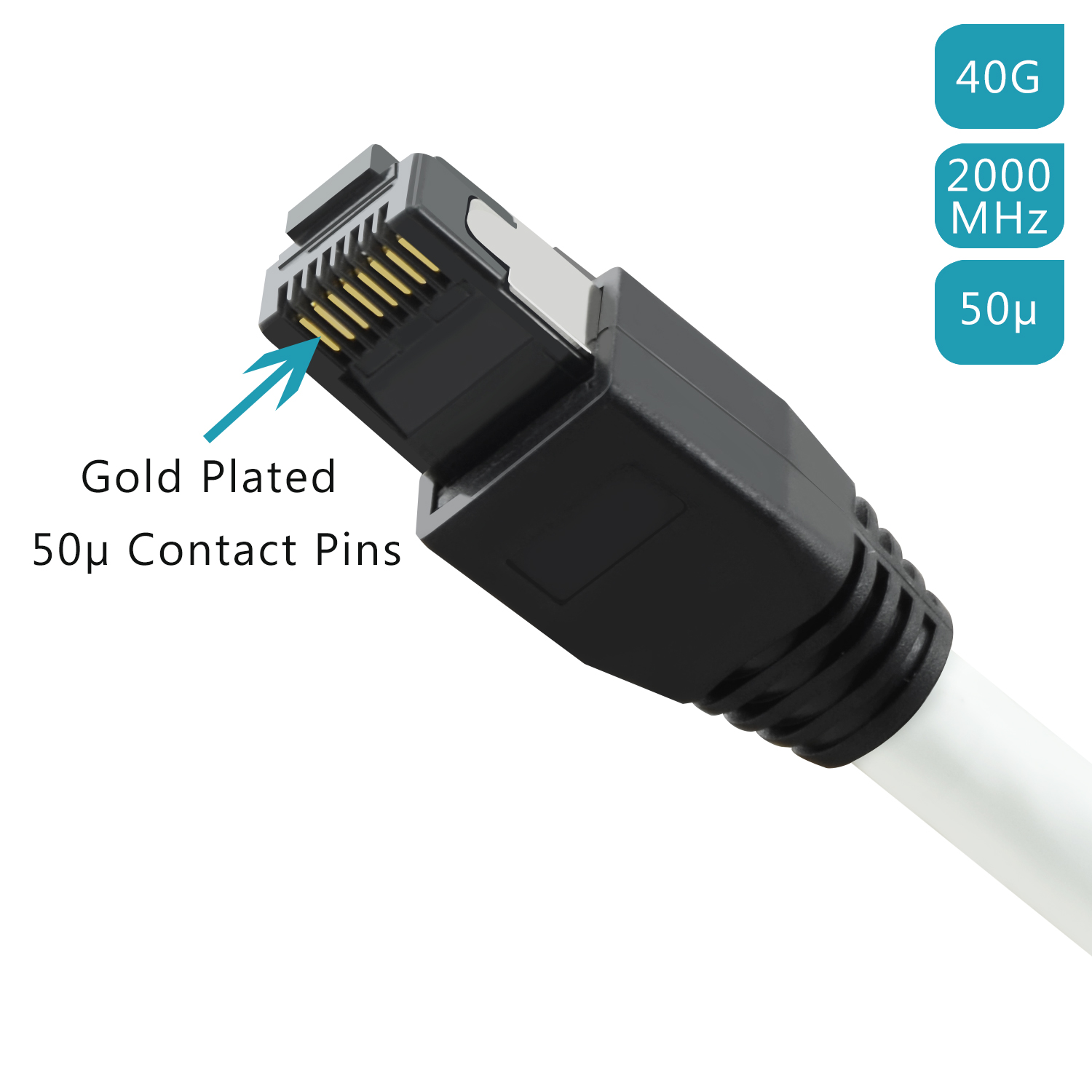 Nahaufnahme eines Netzwerkkabelanschlusses, vergoldete Pins werden mit einem Pfeil hervorgehoben. 40G- und 2000 MHz-Etiketten.