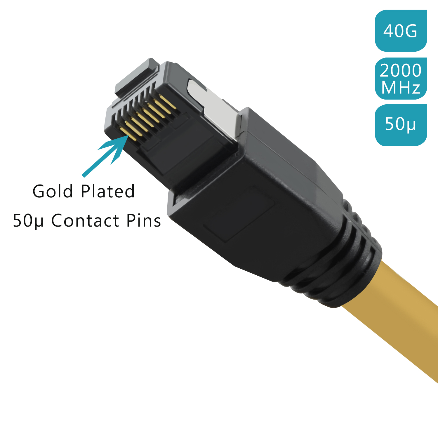 Vergoldete Kontaktstifte an einem Ethernet-Kabelanschluss. Der Stecker ist schwarz und das Kabel gelb.