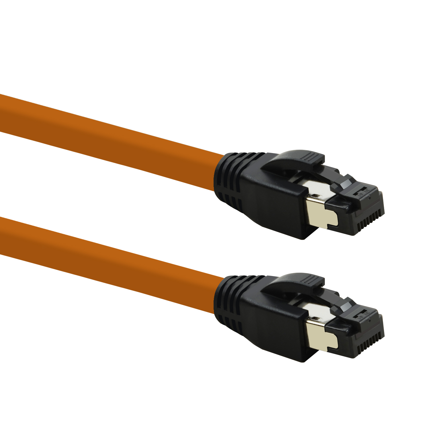 Zwei orangefarbene Ethernet-Kabel mit schwarzen Steckern.