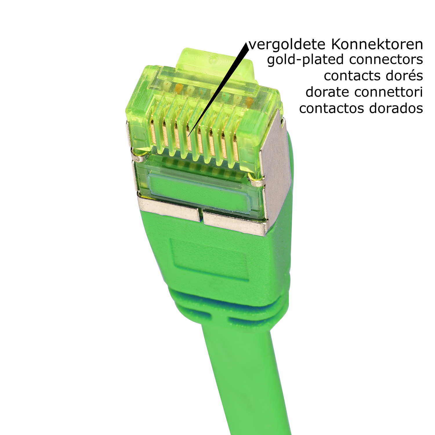 Nahaufnahme eines grünen Ethernet-Anschlusses mit vergoldeten Kontakten.