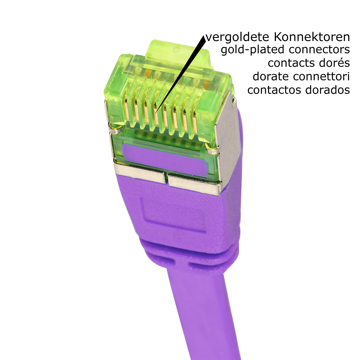Nahaufnahme eines RJ45-Steckers mit vergoldeten Kontakten und einem lila Kabel.