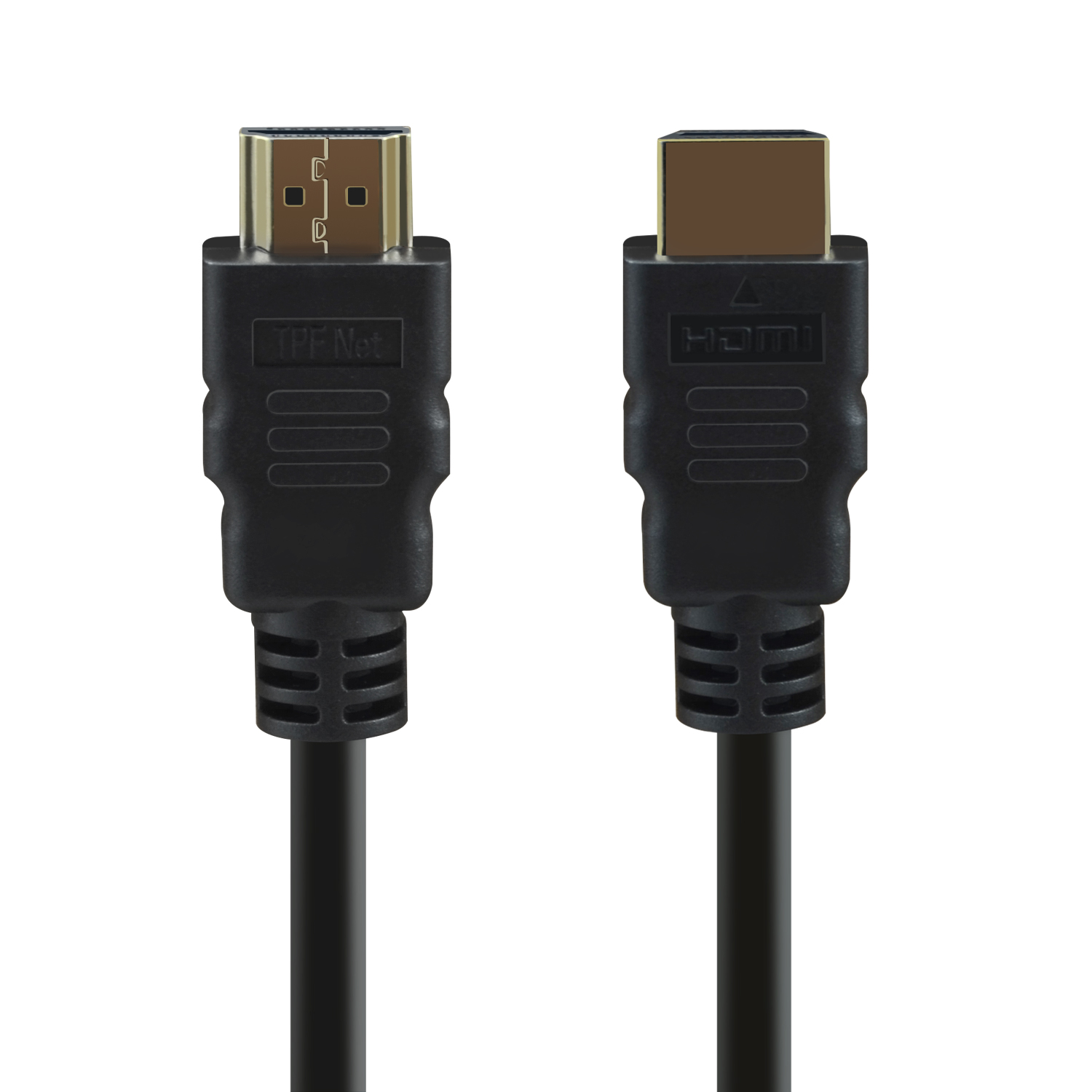 Zwei schwarze HDMI-Kabel. Vergoldete Stecker. Weißer Hintergrund.