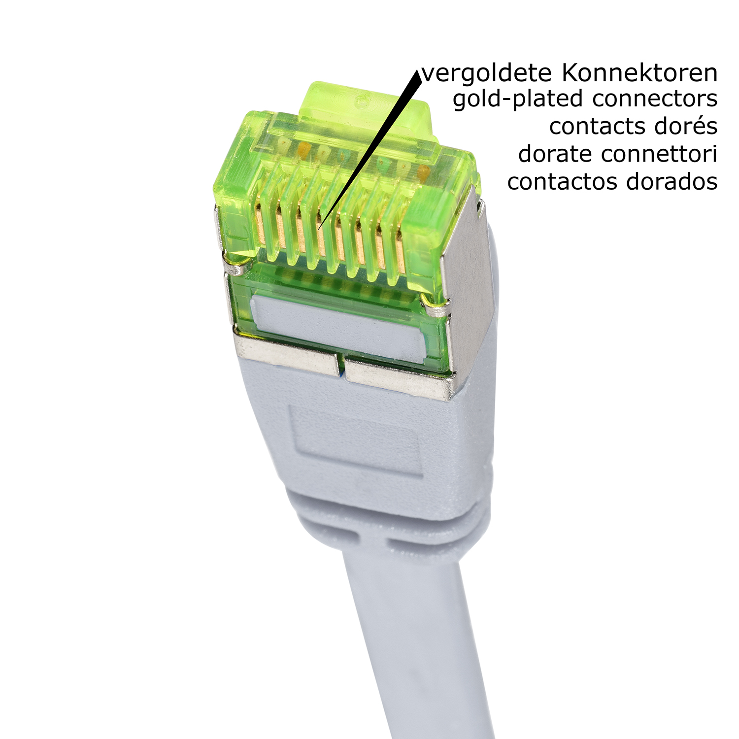 Nahaufnahme eines Ethernet-Kabelanschlusses mit vergoldeten Kontakten und grünem Kunststoff.