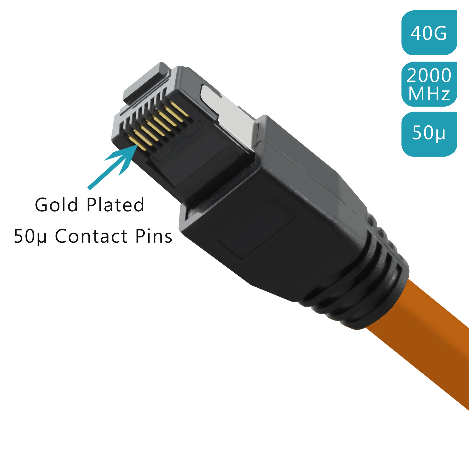 Oranges Ethernet-Kabel mit Goldkontaktstiften. Der Hintergrund zeigt Spezifikationen: 40G, 2000 MHz und 50µ.