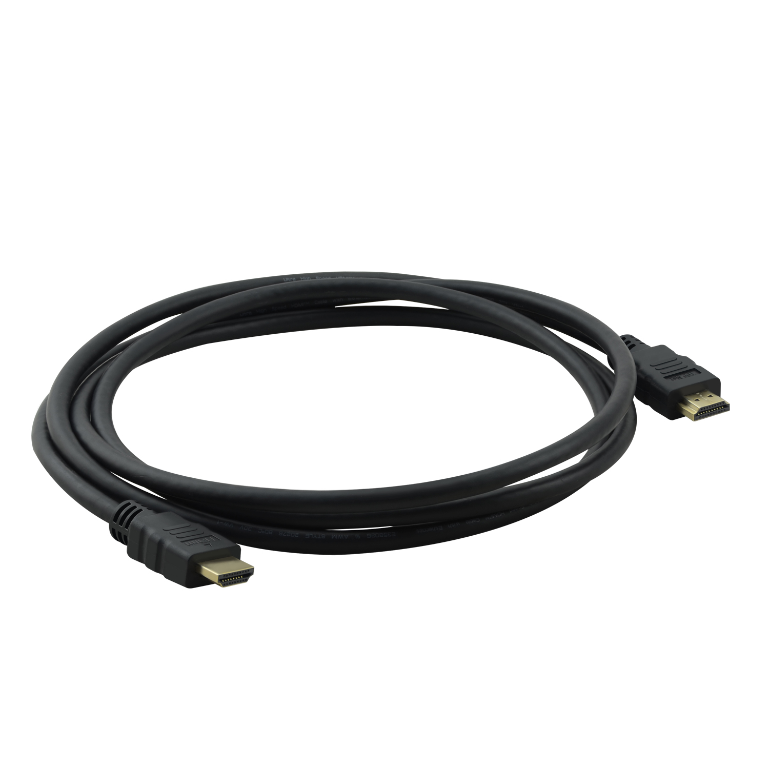 Schwarzes HDMI-Kabel mit Anschlüssen an beiden Enden, auf weißer Oberfläche liegend.