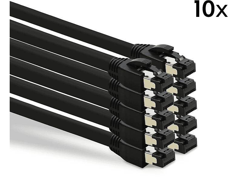 TPFNET 10er Pack 3m Patchkabel / Netzwerkkabel S/FTP 40 GBit, schwarz, Netzwerkkabel, 3 m