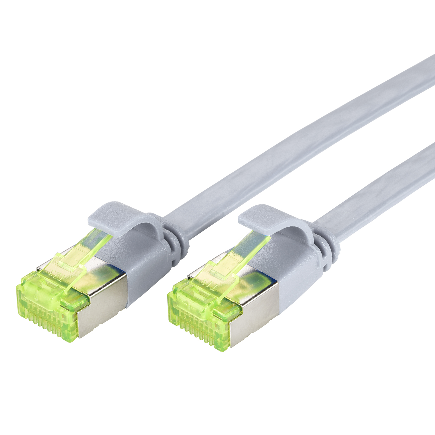 Zwei graue Ethernet-Kabel mit grünen und silbernen Steckern.