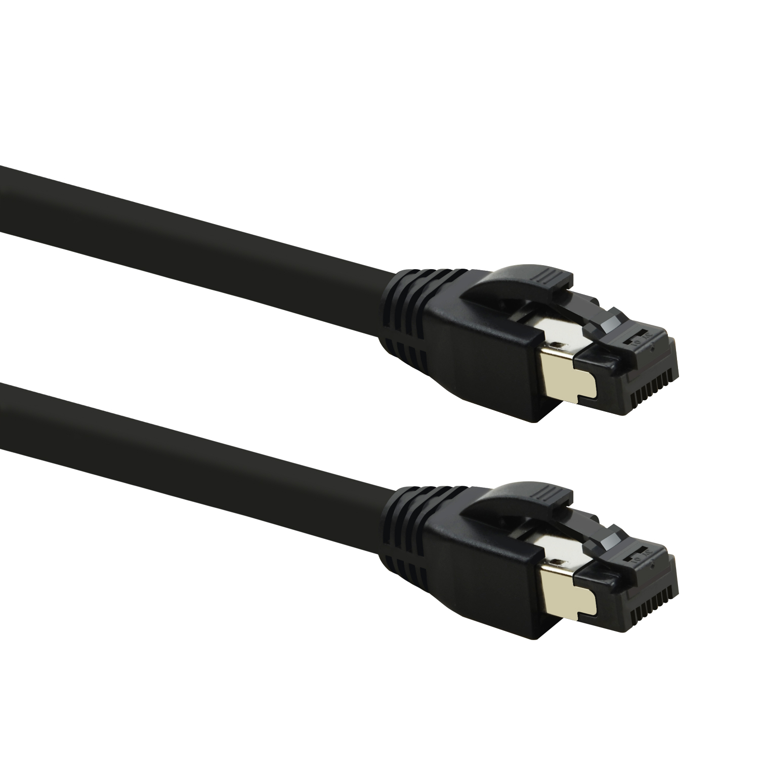 Zwei schwarze Ethernet-Kabel mit Steckern sind vor weißem Hintergrund abgewinkelt.