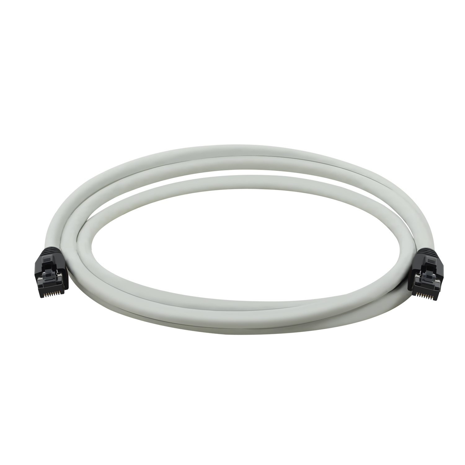 Graues Ethernet-Kabel mit Steckern an beiden Enden.
