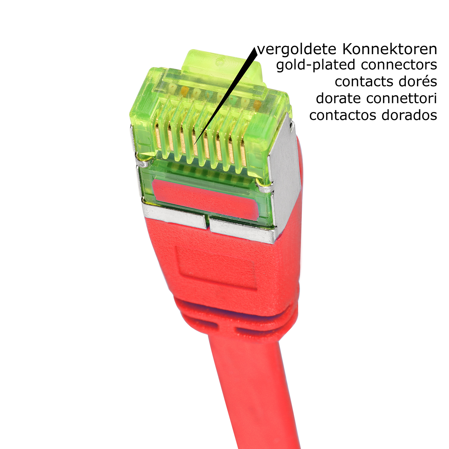 Ein rotes Netzwerkkabel mit einem grünen Stecker, der mit vergoldeten Steckern beschriftet ist.