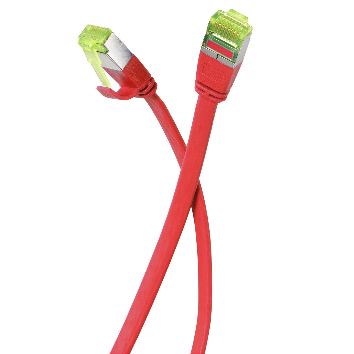 Zwei rote Ethernet-Kabel kreuzen sich. Grüne Stecker an jedem Ende, weißer Hintergrund.