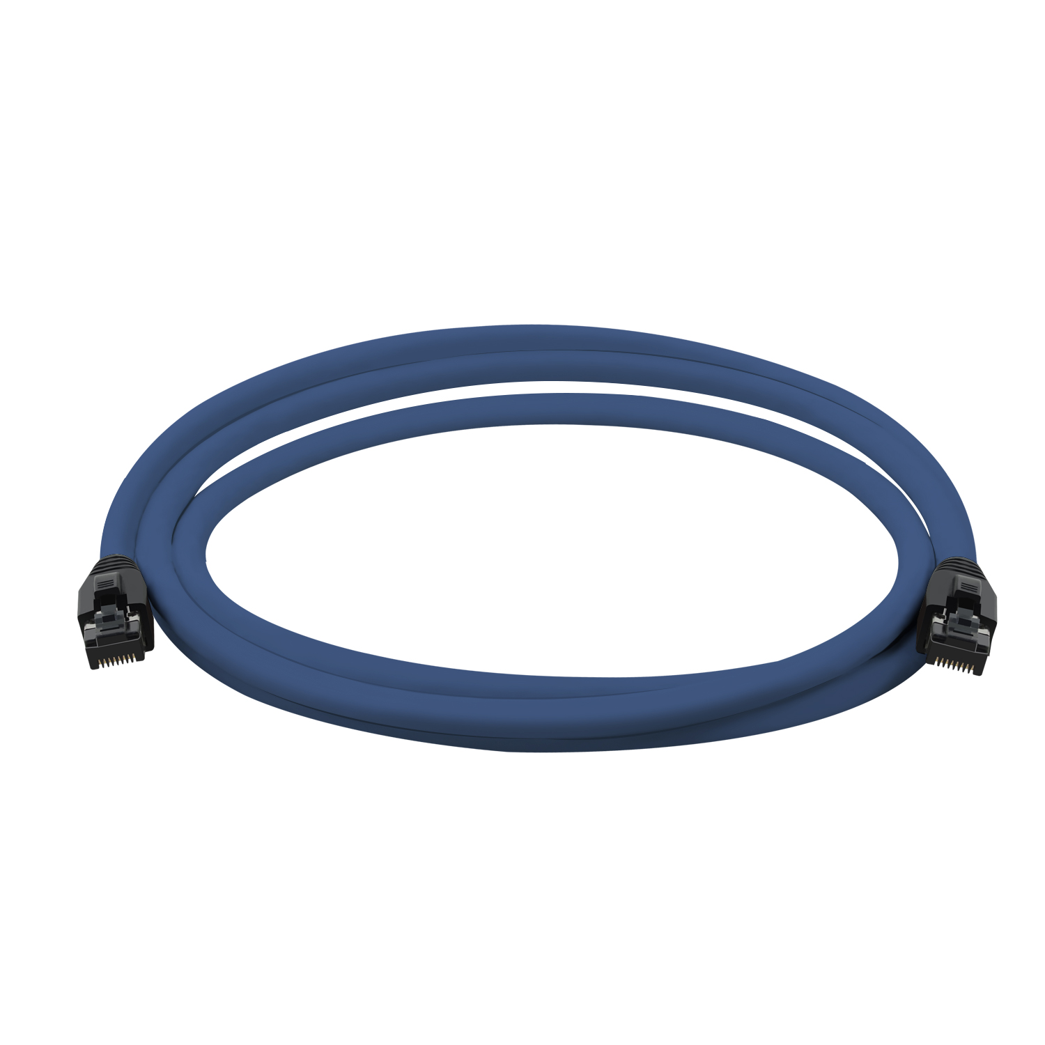 Blaues Netzwerkkabel mit Steckern auf weißem Hintergrund. Das Kabel ist aufgerollt.