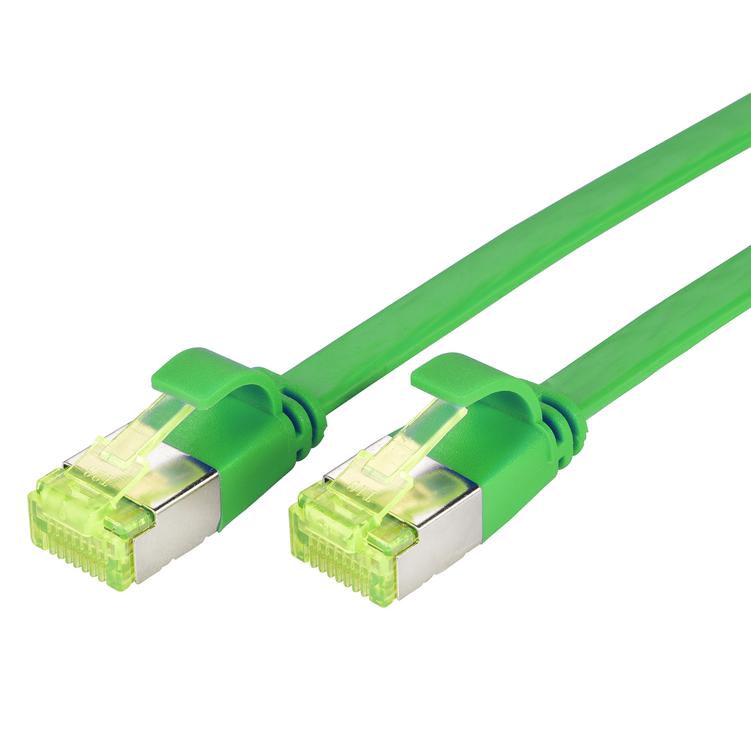 Grünes Netzwerkkabel mit grünen und silbernen Steckern.
