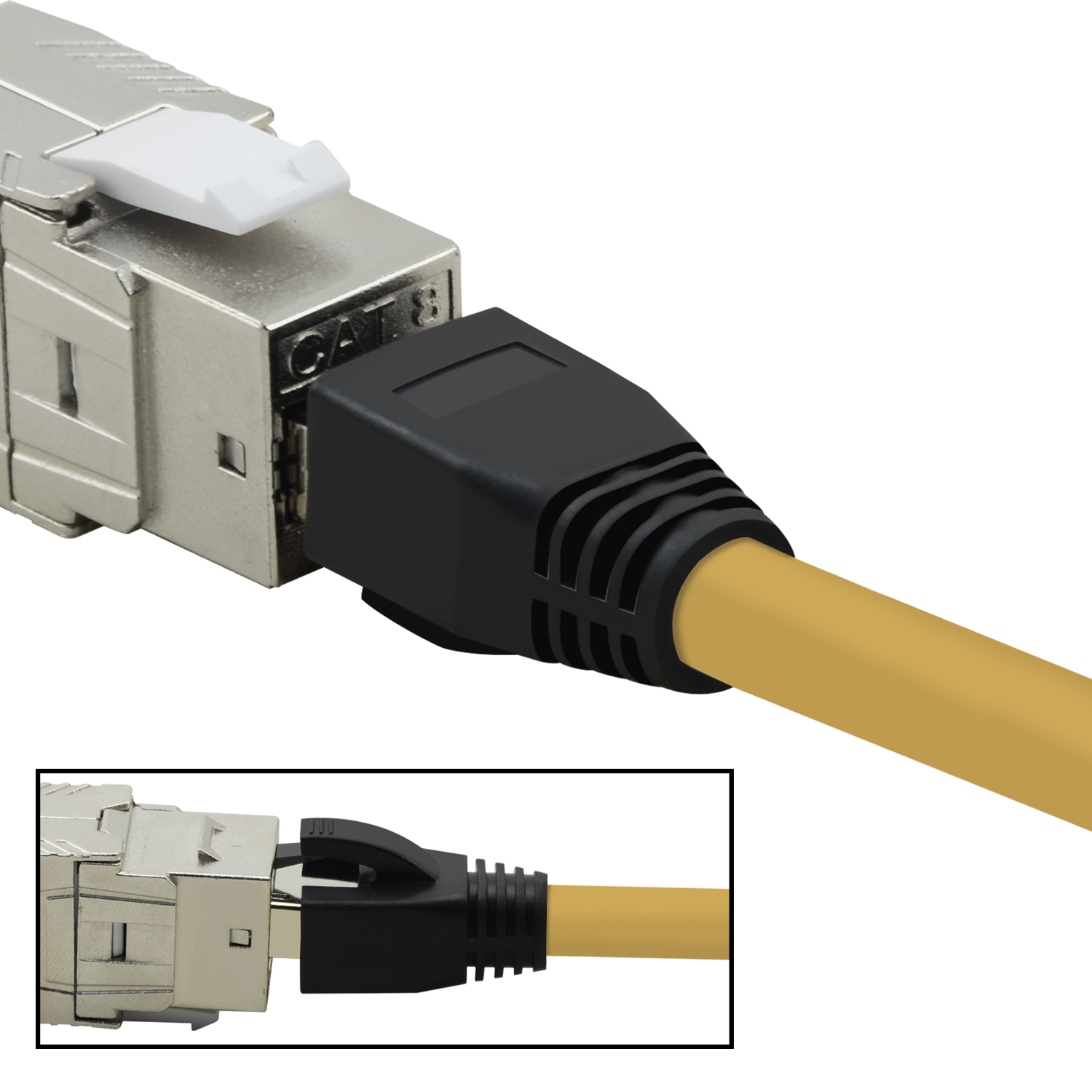 Bild eines Netzwerksteckers, Detailansicht. Es zeigt den Stecker und ein gelbes Kabel.