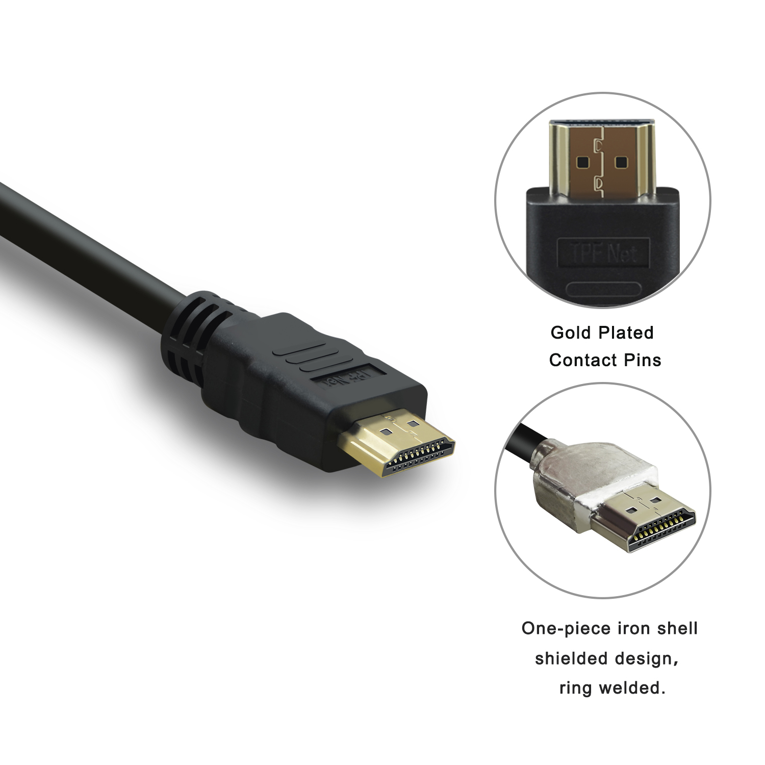 Schwarzes HDMI-Kabel mit vergoldeten Steckern. Zusätzliche Bilder zeigen Steckerdetails.