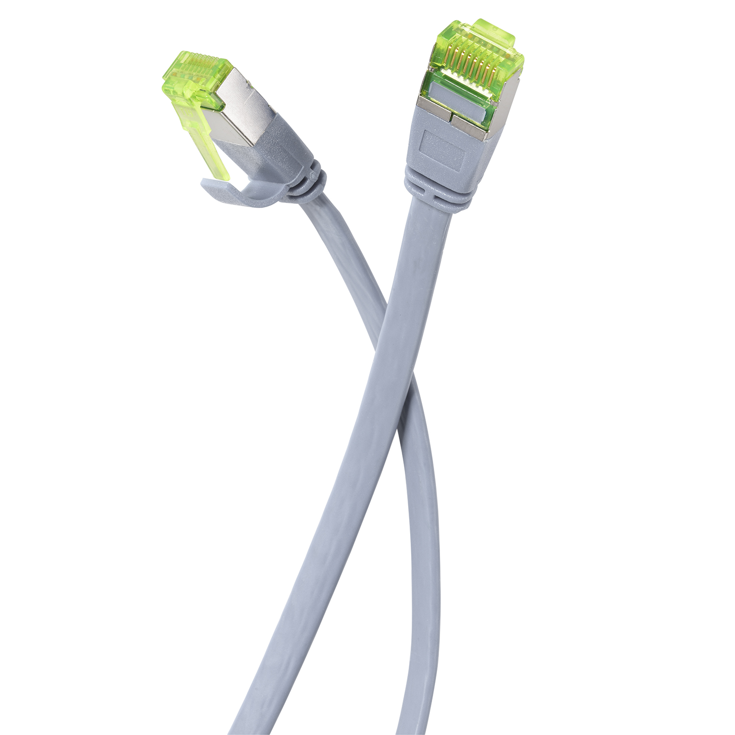 Zwei graue Netzwerkkabel mit grünen Steckern kreuzen sich.