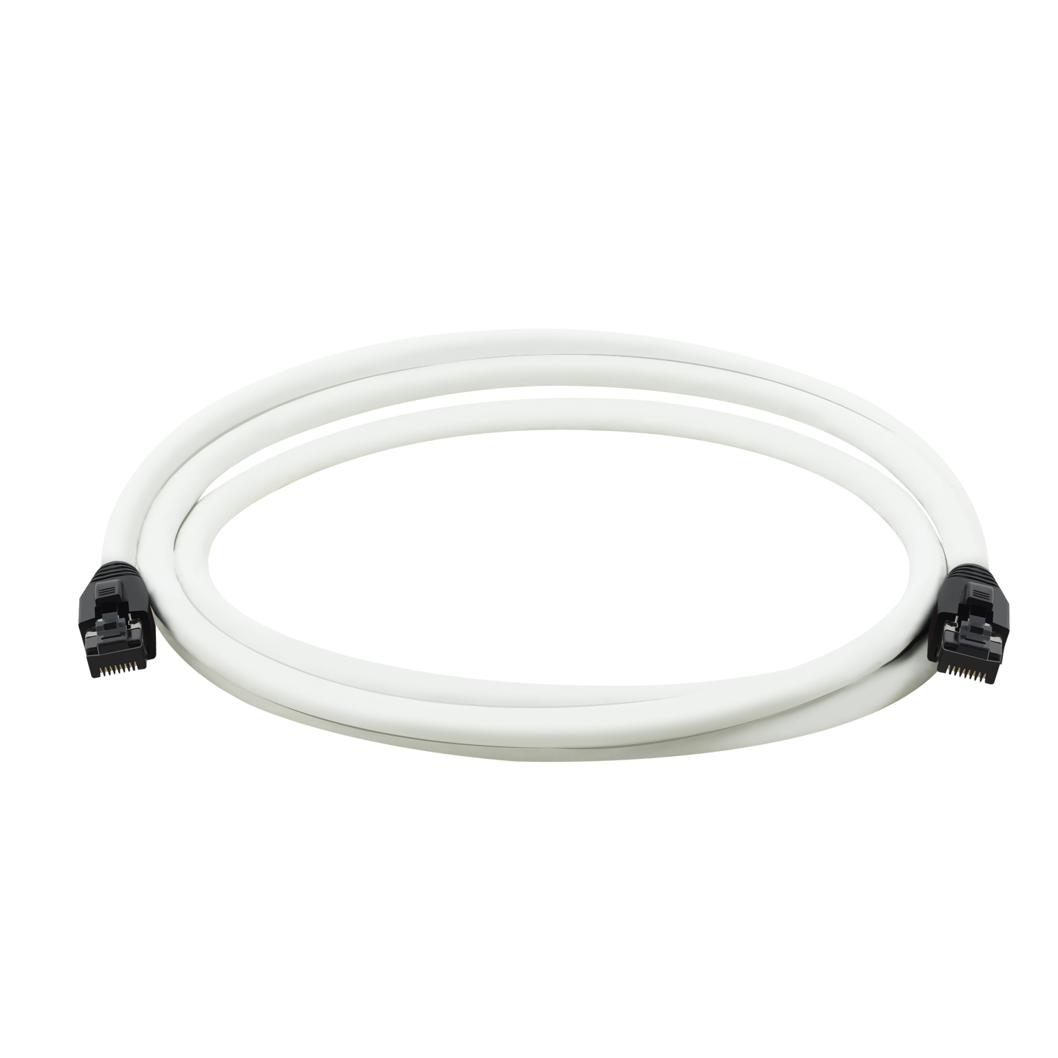 Weißes Ethernet-Kabel mit Anschlüssen an beiden Enden.