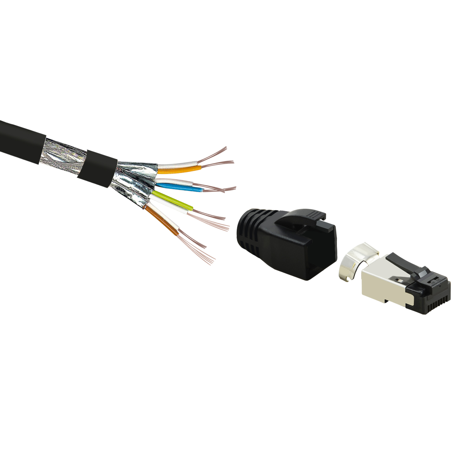 Netzwerkkabel mit Anschlüssen, mit getrennten Drähten und einem schwarzen Stecker.
