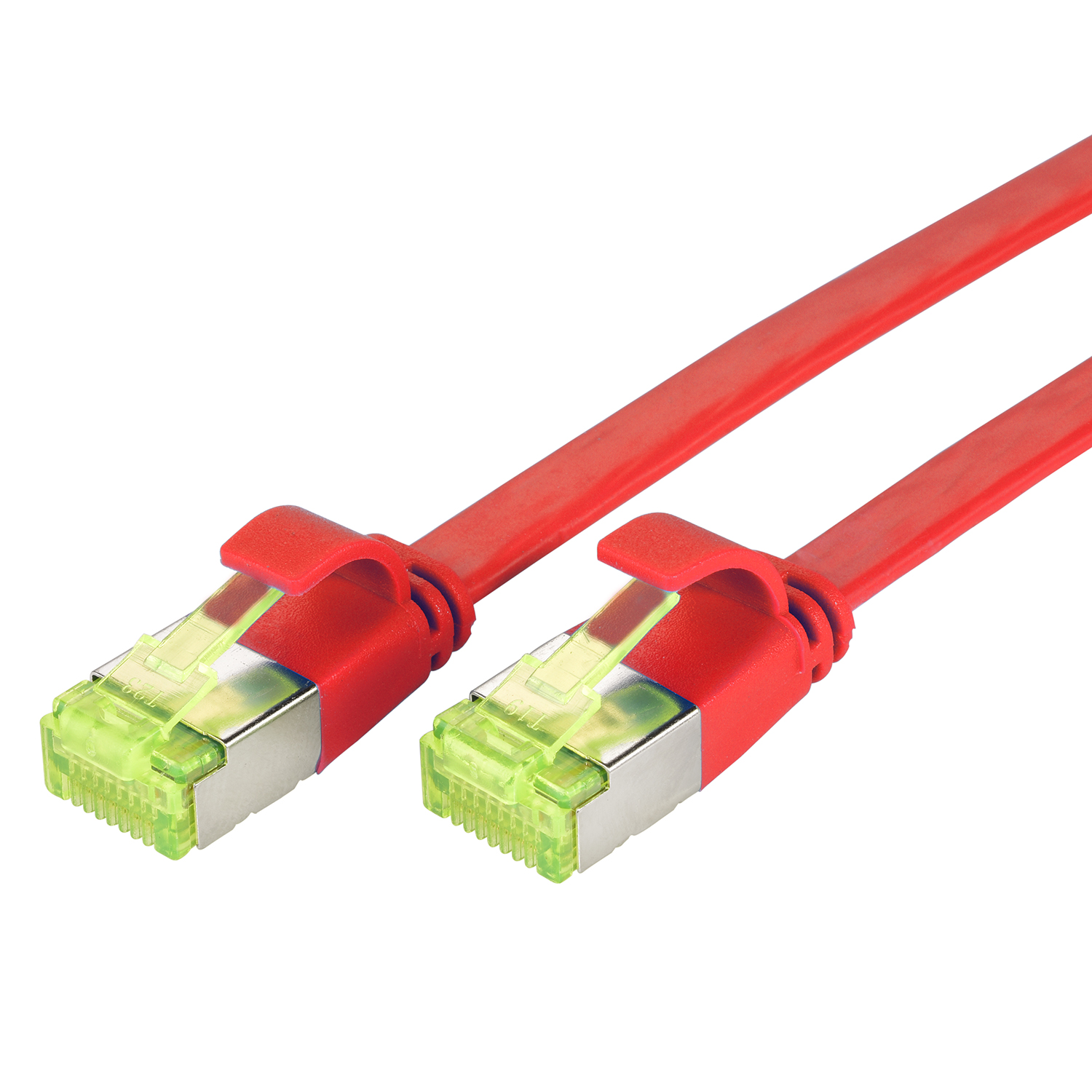 Zwei rote Ethernet-Kabel mit grünen und silbernen Steckern auf weißem Hintergrund.