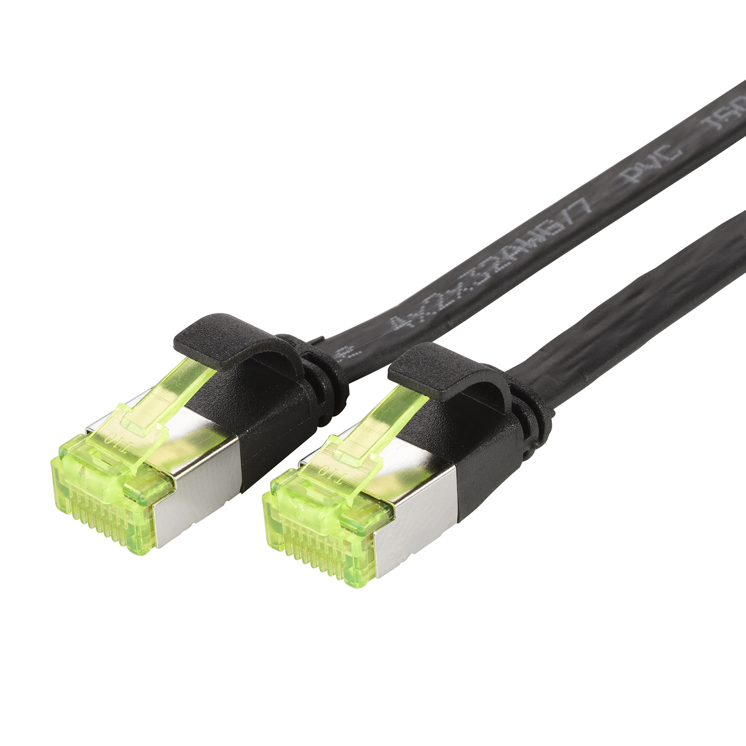 Zwei schwarze Netzwerkkabel mit grünen Steckern, weißer Hintergrund.