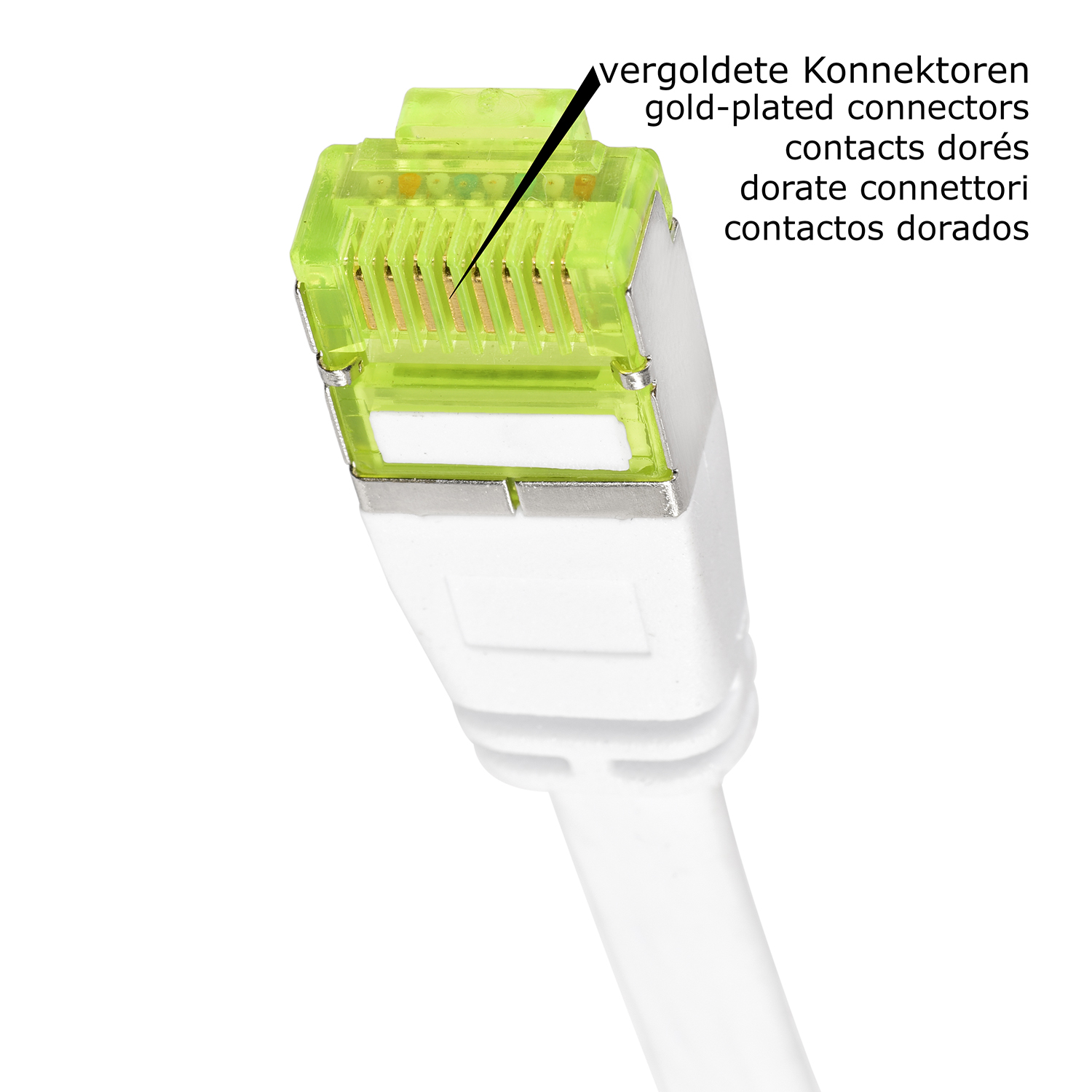 Nahaufnahme eines grünen Ethernet-Steckers mit vergoldeten Steckern an einem weißen Kabel.