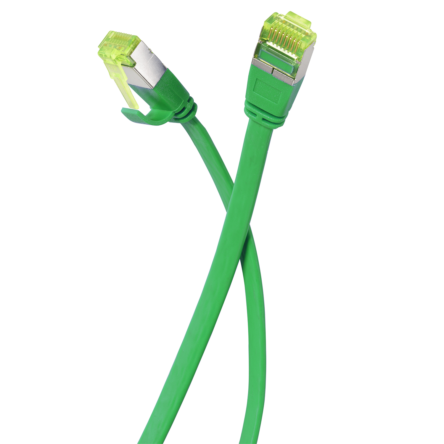 Zwei grüne Ethernet-Kabel. Jedes Kabel hat einen grünen Stecker und ein silbernes Gehäuse.