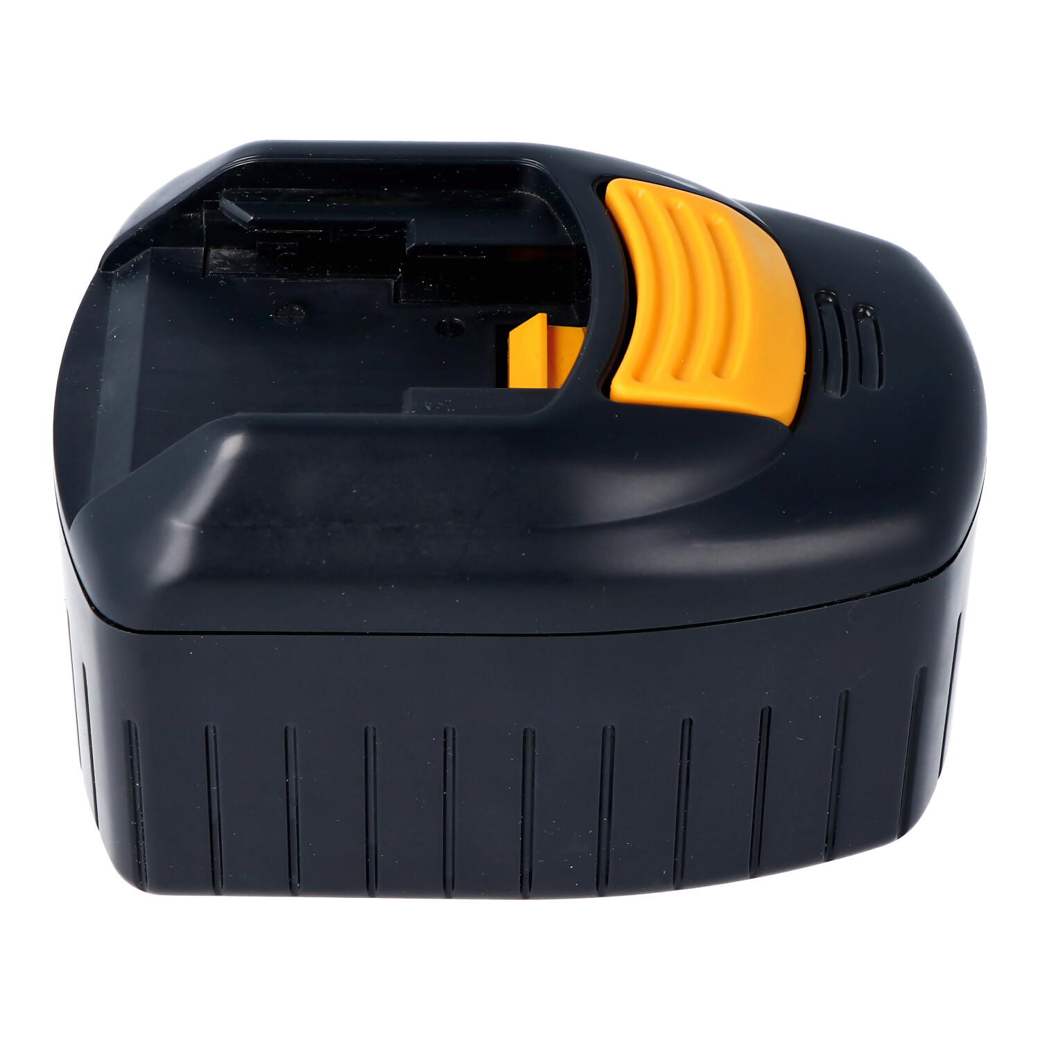 Schwarze Batteriebasis mit einem orangen Griff. Die Basis ist leer.