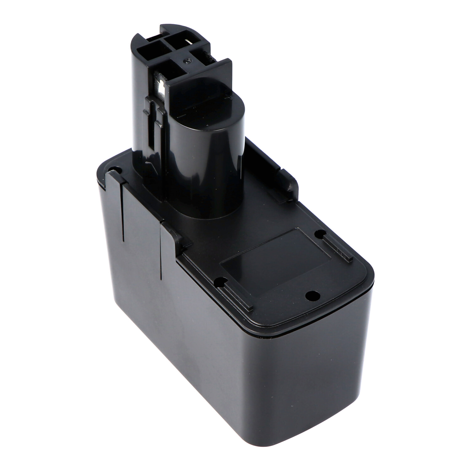 Eine schwarze Batterie. Sie hat eine rechteckige Form mit einem Stecker an der Oberseite.