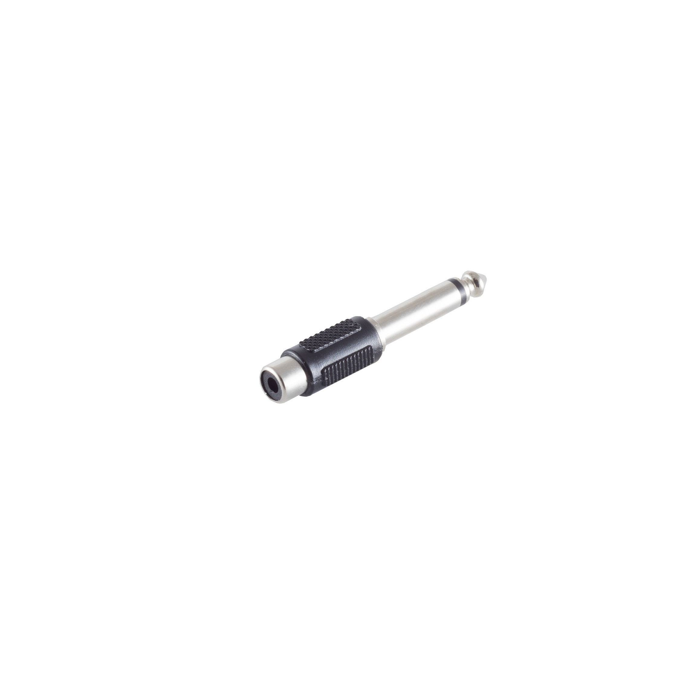 Silber-zu-Schwarz-Adapter. Ein silberner Adapter mit schwarzem Stecker auf weißem Hintergrund.