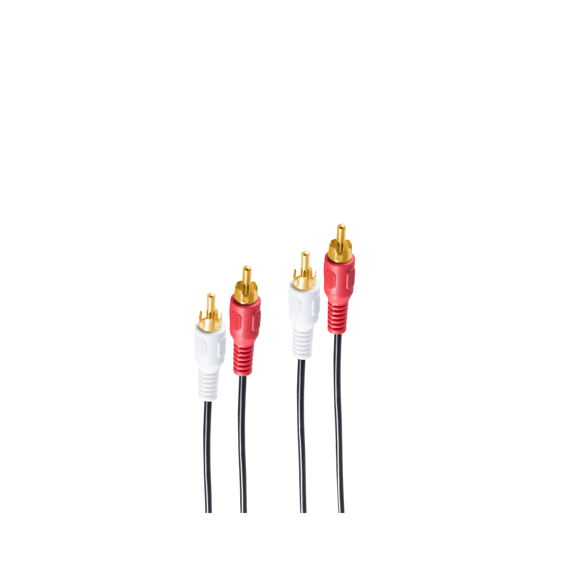 Zwei Paare Cinch-Kabel, weiß und rot, mit schwarzen Drähten, weißer Hintergrund.