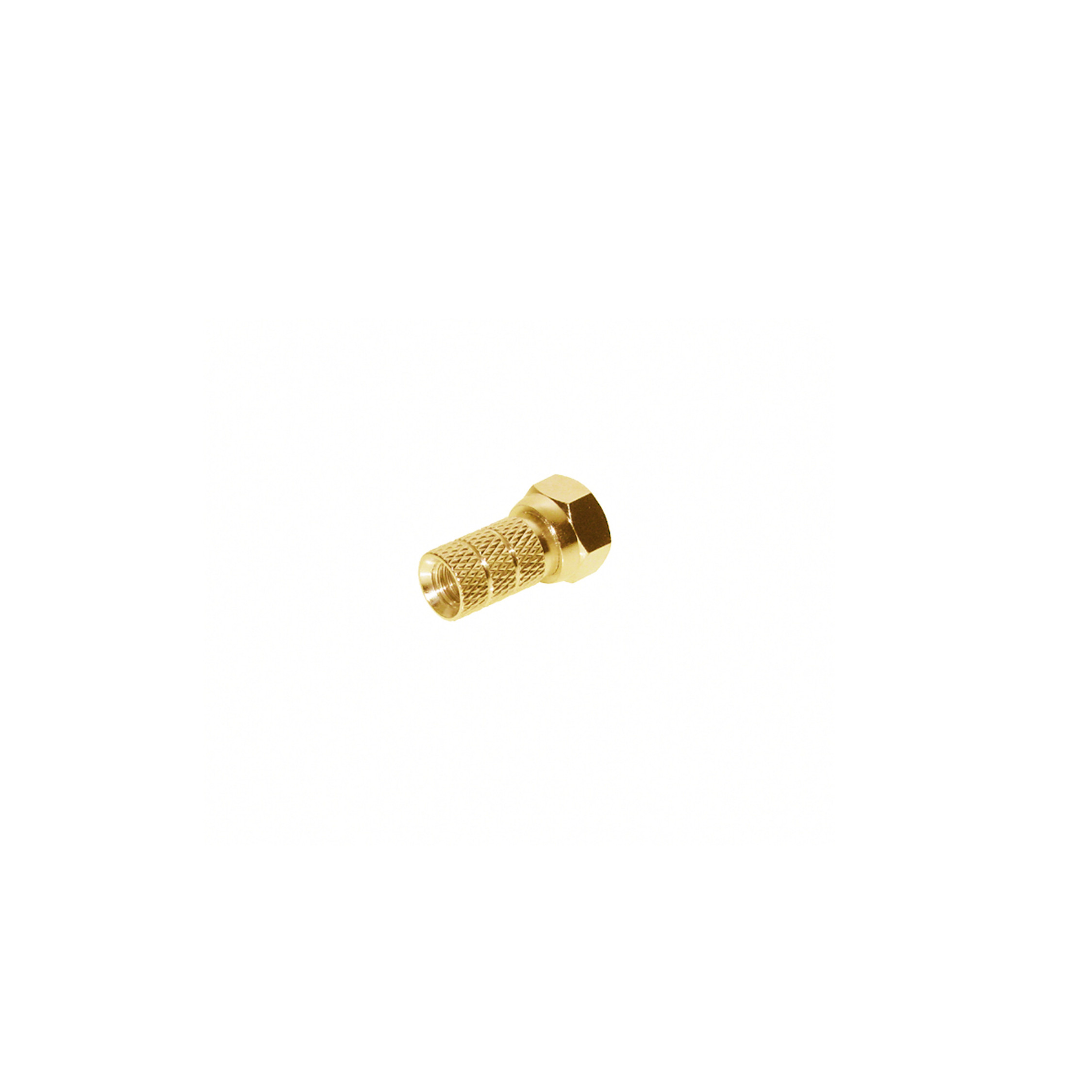 Ein goldfarbenes, gerändeltes Messingfitting vor weißem Hintergrund. Es hat einen sechseckigen Kopf und ein Gewindegehäuse.
