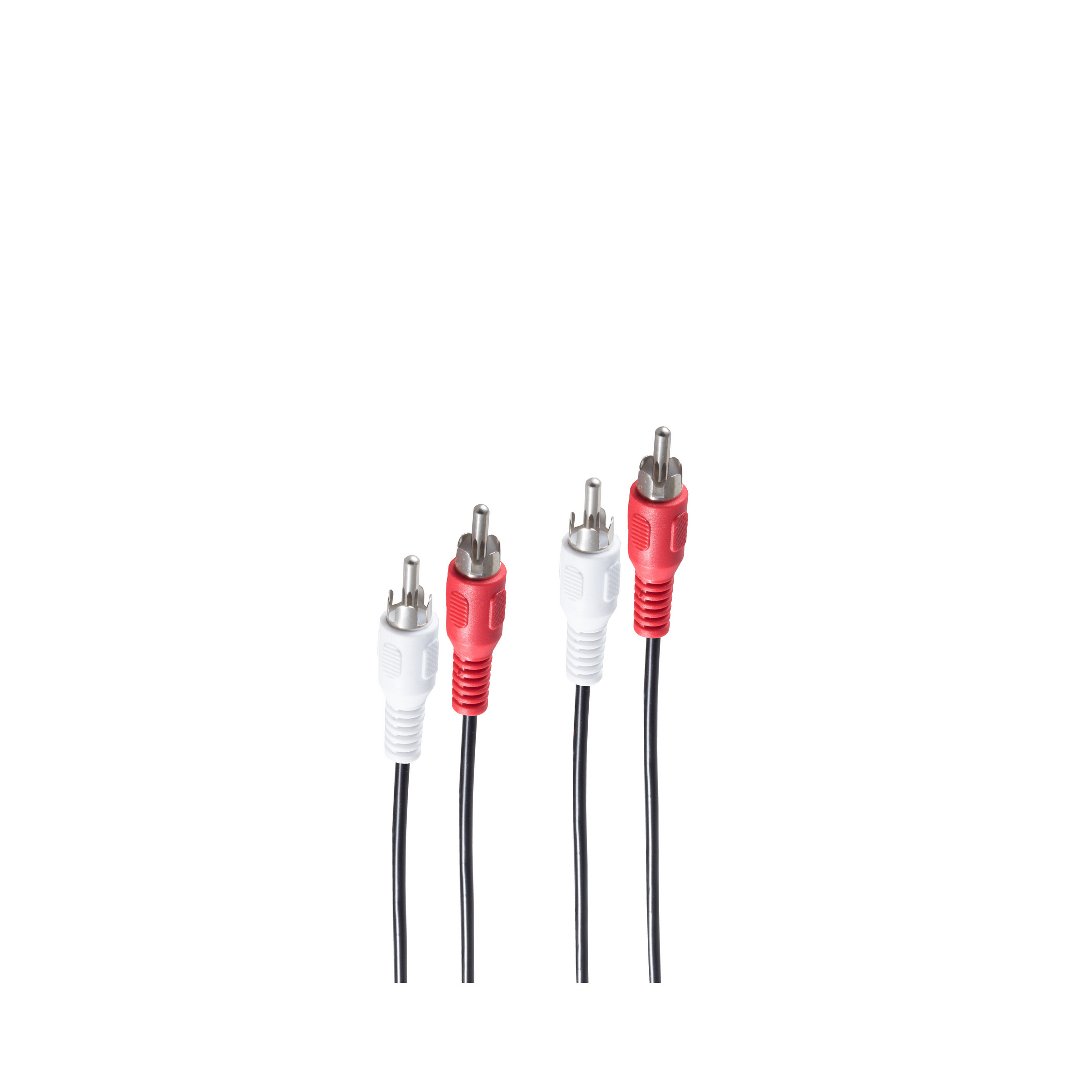 Zwei Paare Cinch-Kabel auf Weiß. Ein Paar ist rot und weiß, das andere weiß und weiß.