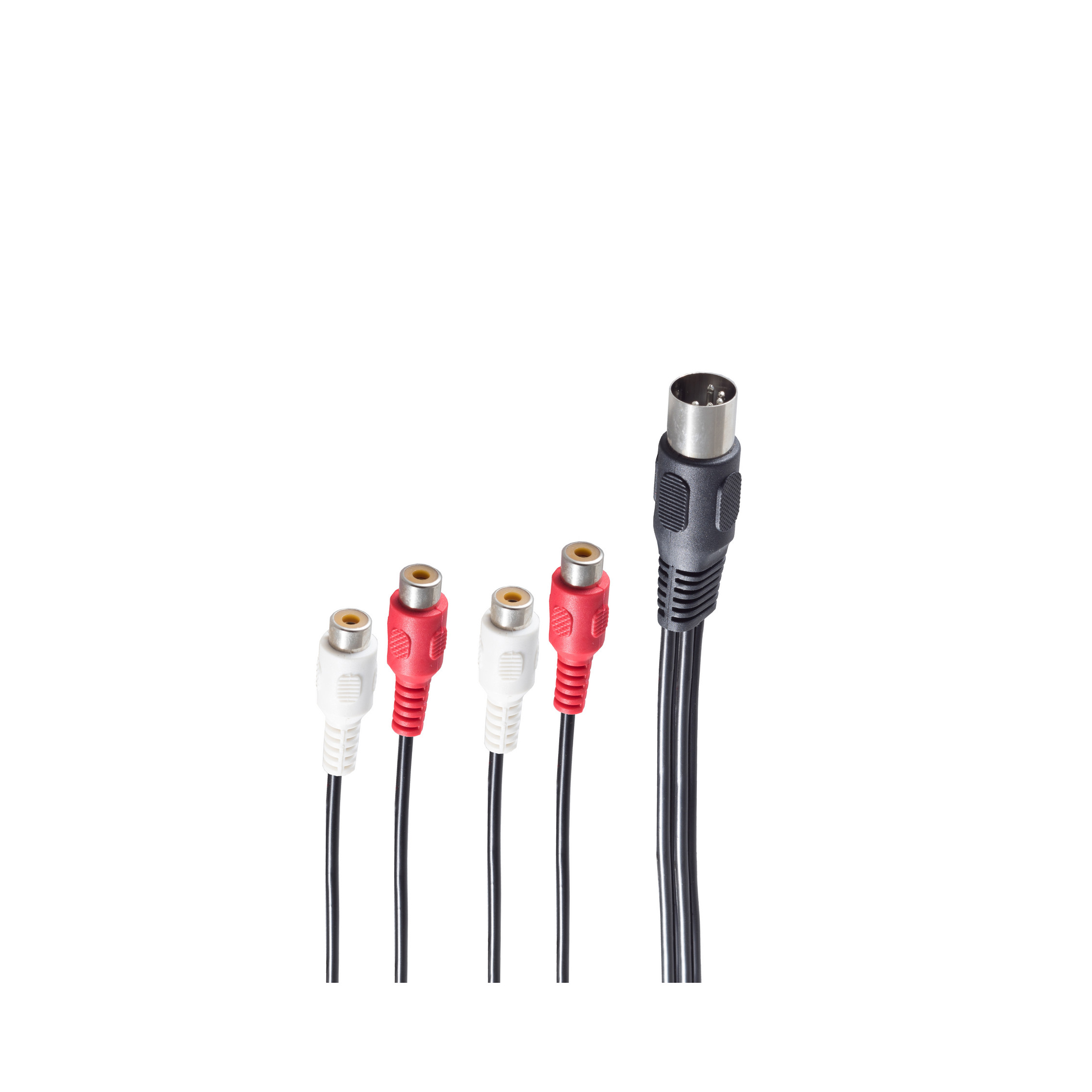 Audiokabel: drei Cinch-Kabel (rot/weiß) und ein MIDI-Kabel, vor weißem Hintergrund.