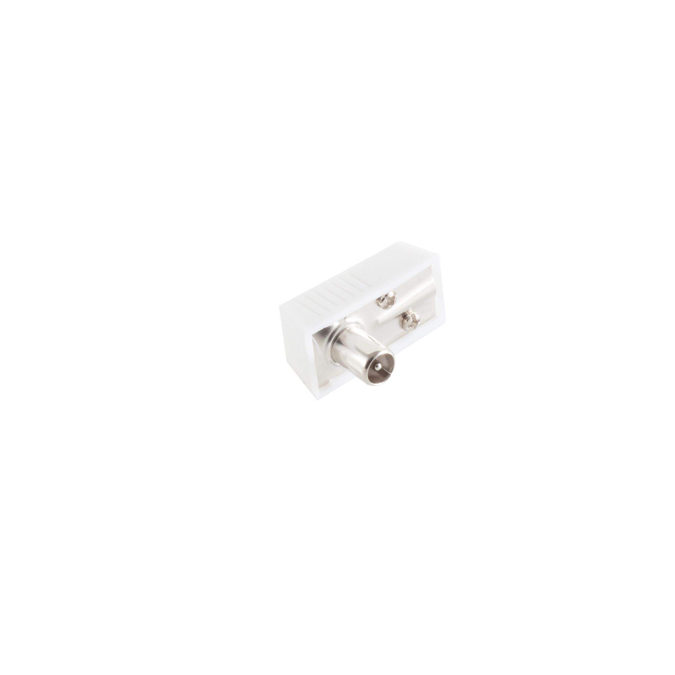 Ein weißer Koaxialadapter mit Stecker und Buchse auf weißem Hintergrund.