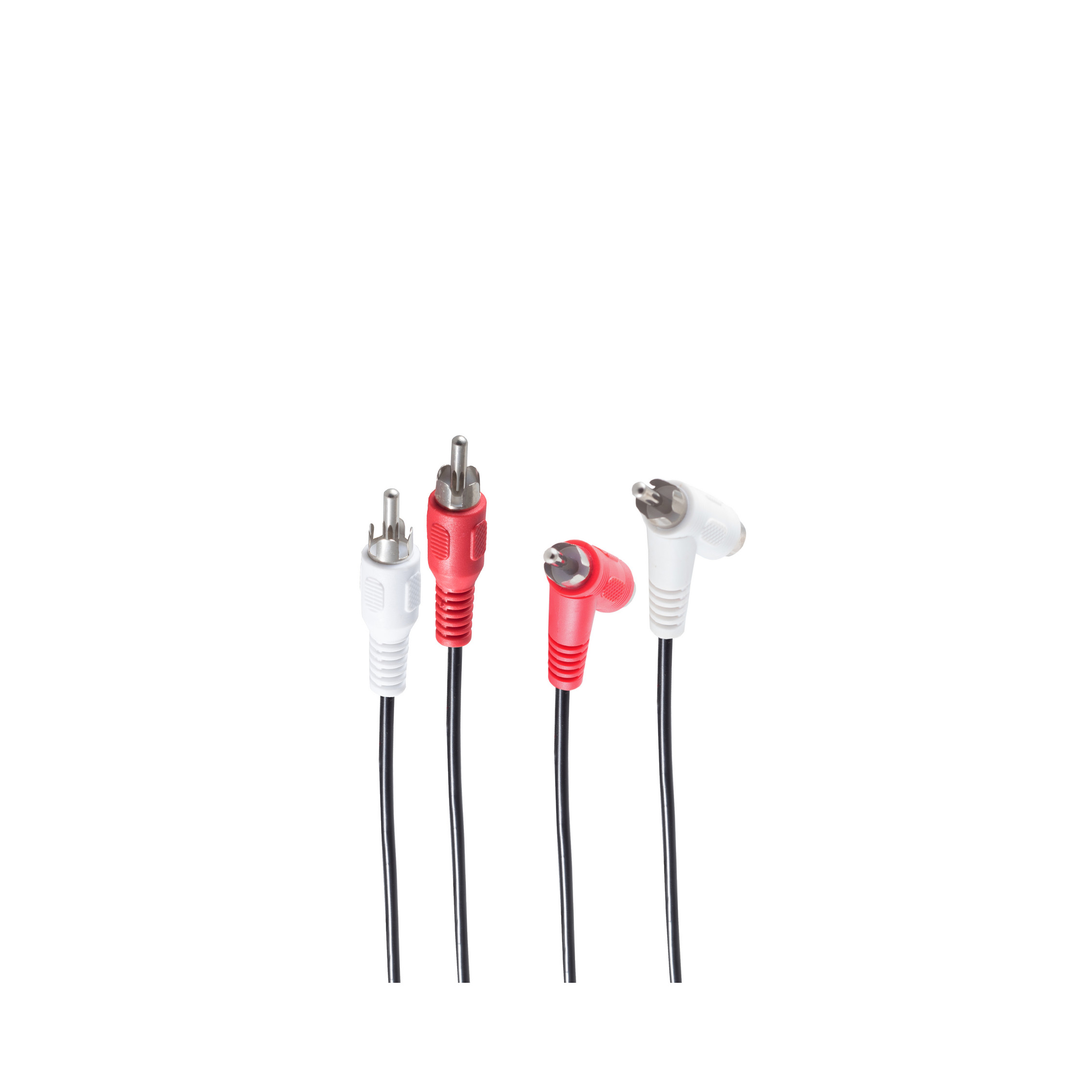 Vier Audiokabel mit Cinch-Anschlüssen, zwei weiß und zwei rot, auf weißem Hintergrund.
