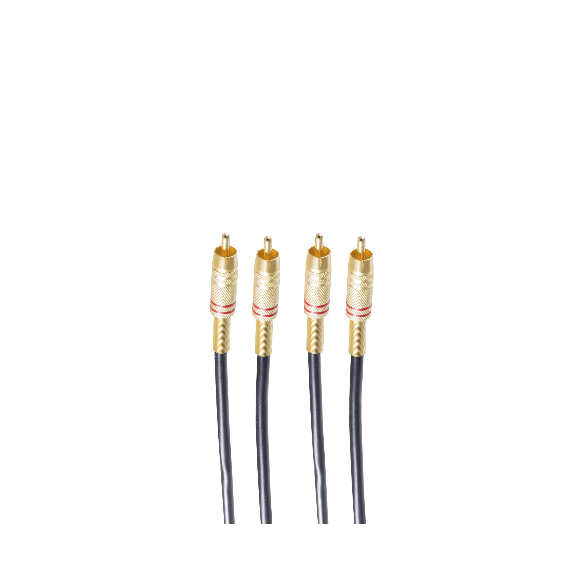 Vier RCA-Audiokabel mit Goldsteckern auf weißem Hintergrund.