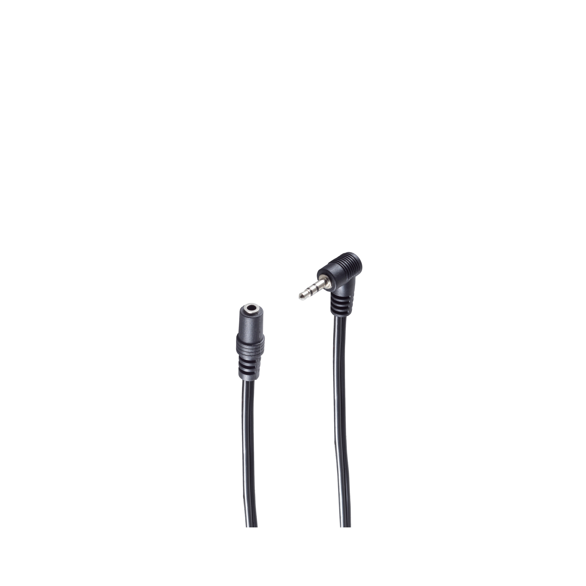 Schwarzes Audiokabel mit einer Buchse und einem abgewinkelten Stecker. Auf weißem Hintergrund isoliert.