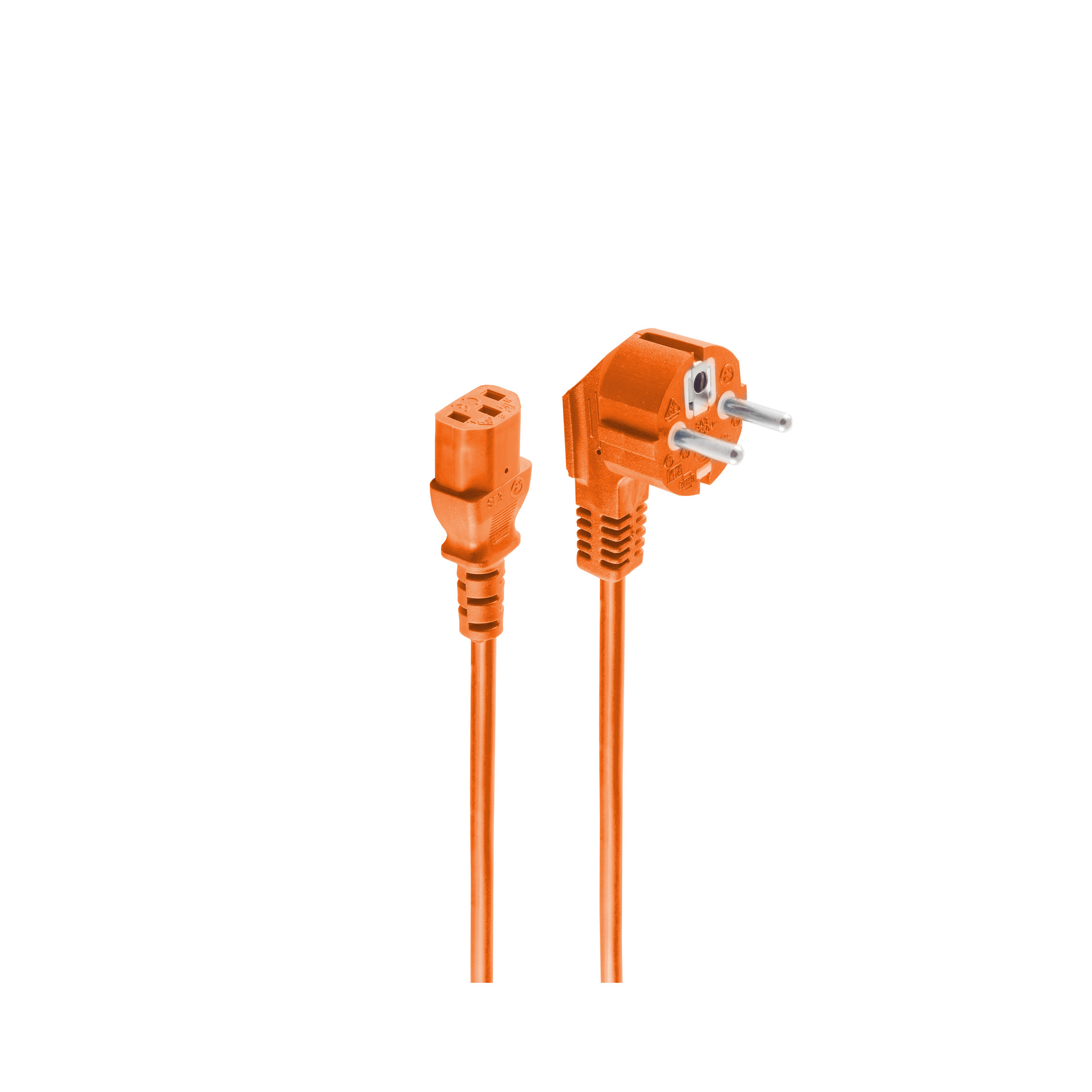 Oranges Netzkabel mit EU-Stecker und IEC-Anschluss auf weißem Hintergrund.