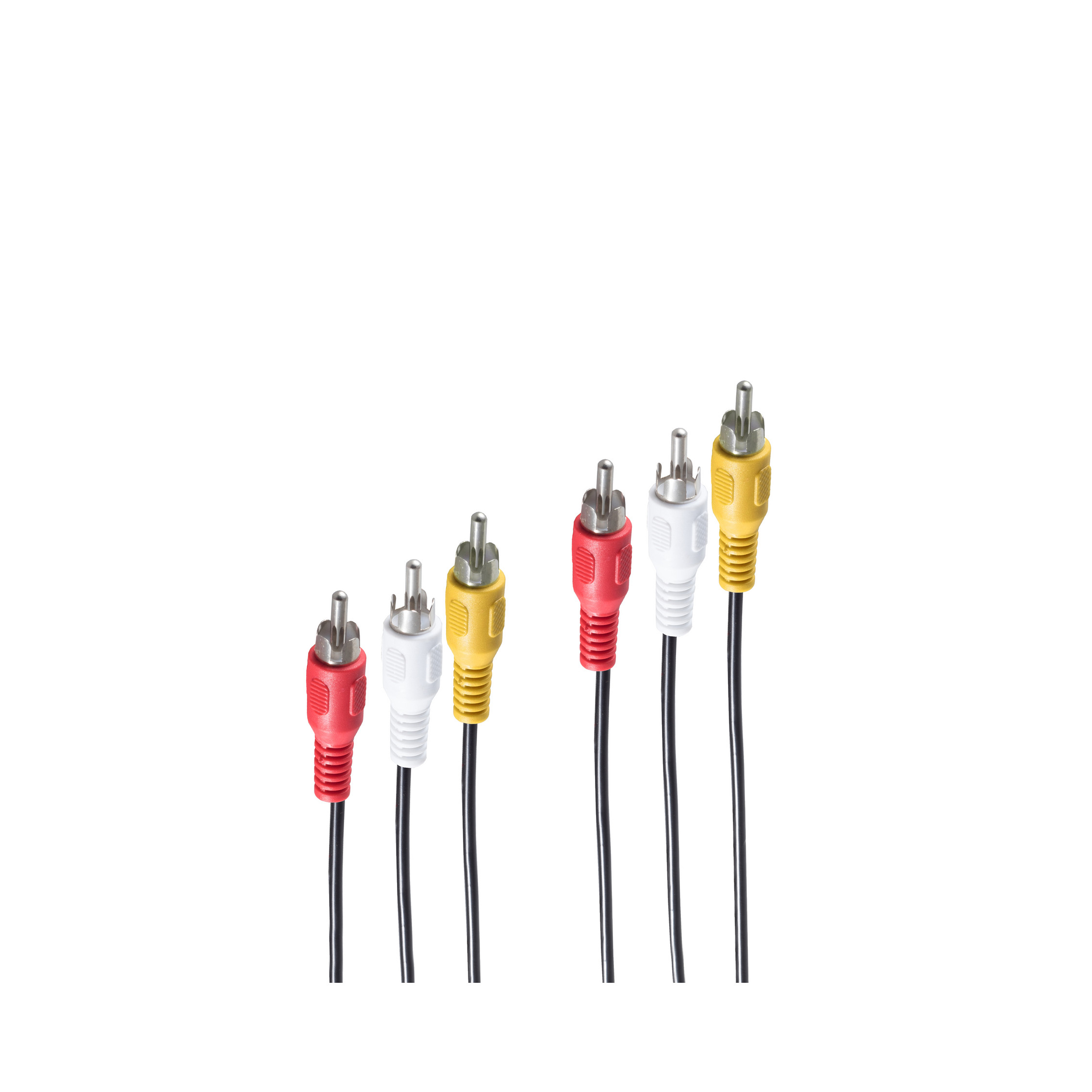 Cinch-Kabel. Sechs Cinch-Kabel auf weißem Hintergrund, rot, weiß und gelb, mit schwarzen Drähten.