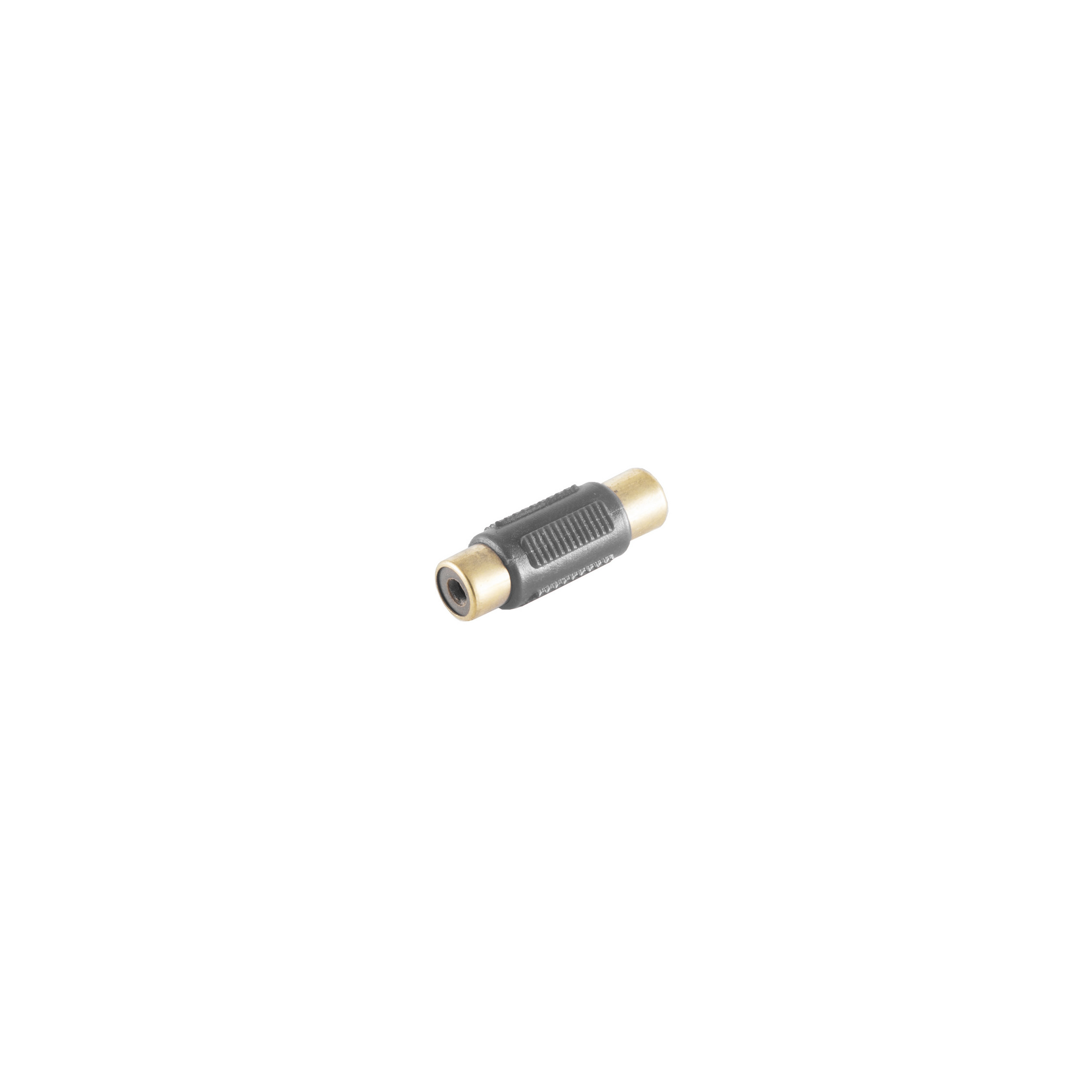 Ein schwarzer Cinch-Adapter mit goldfarbenem Zentrum auf weißem Hintergrund.