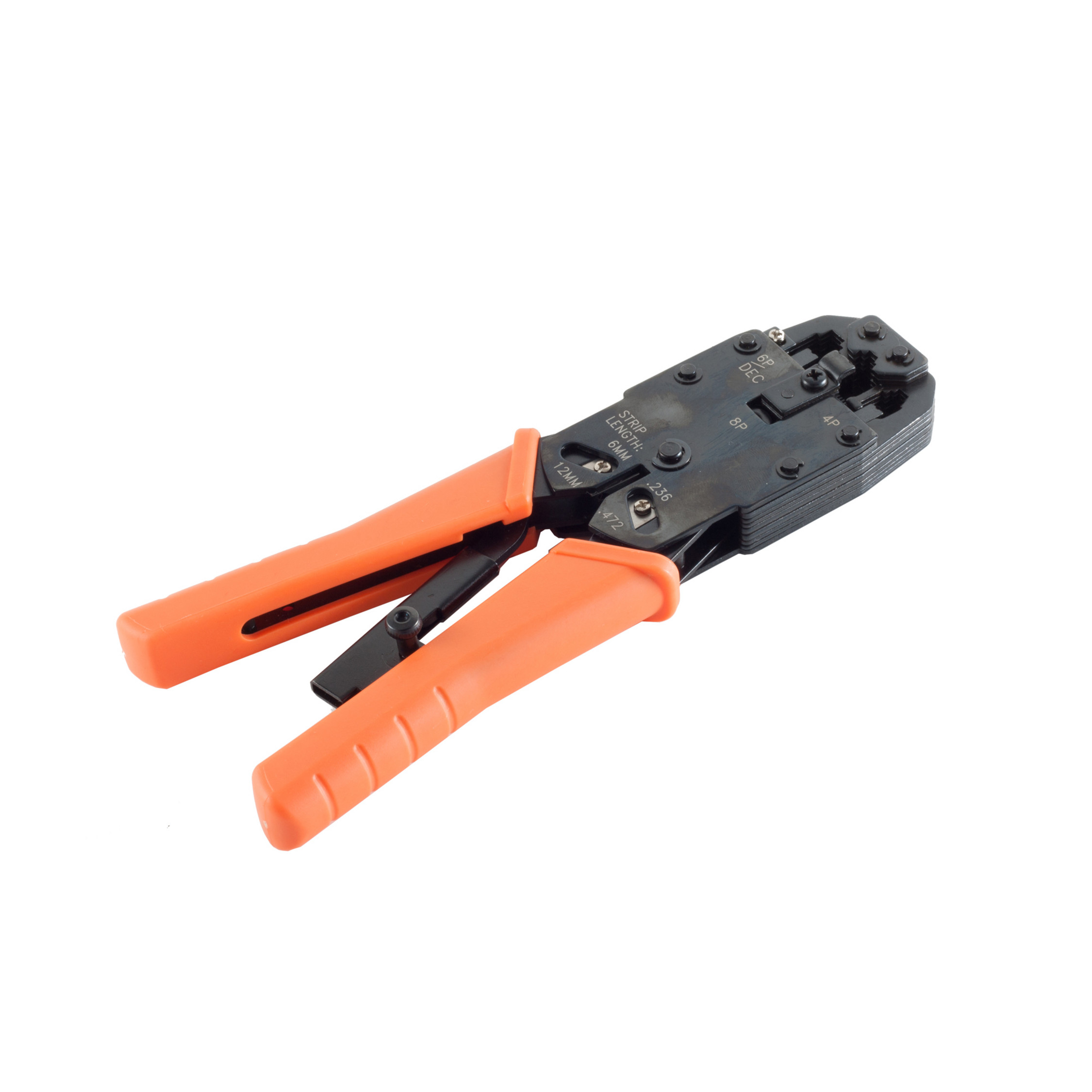 Orange und schwarze Crimpzange auf weißem Hintergrund.