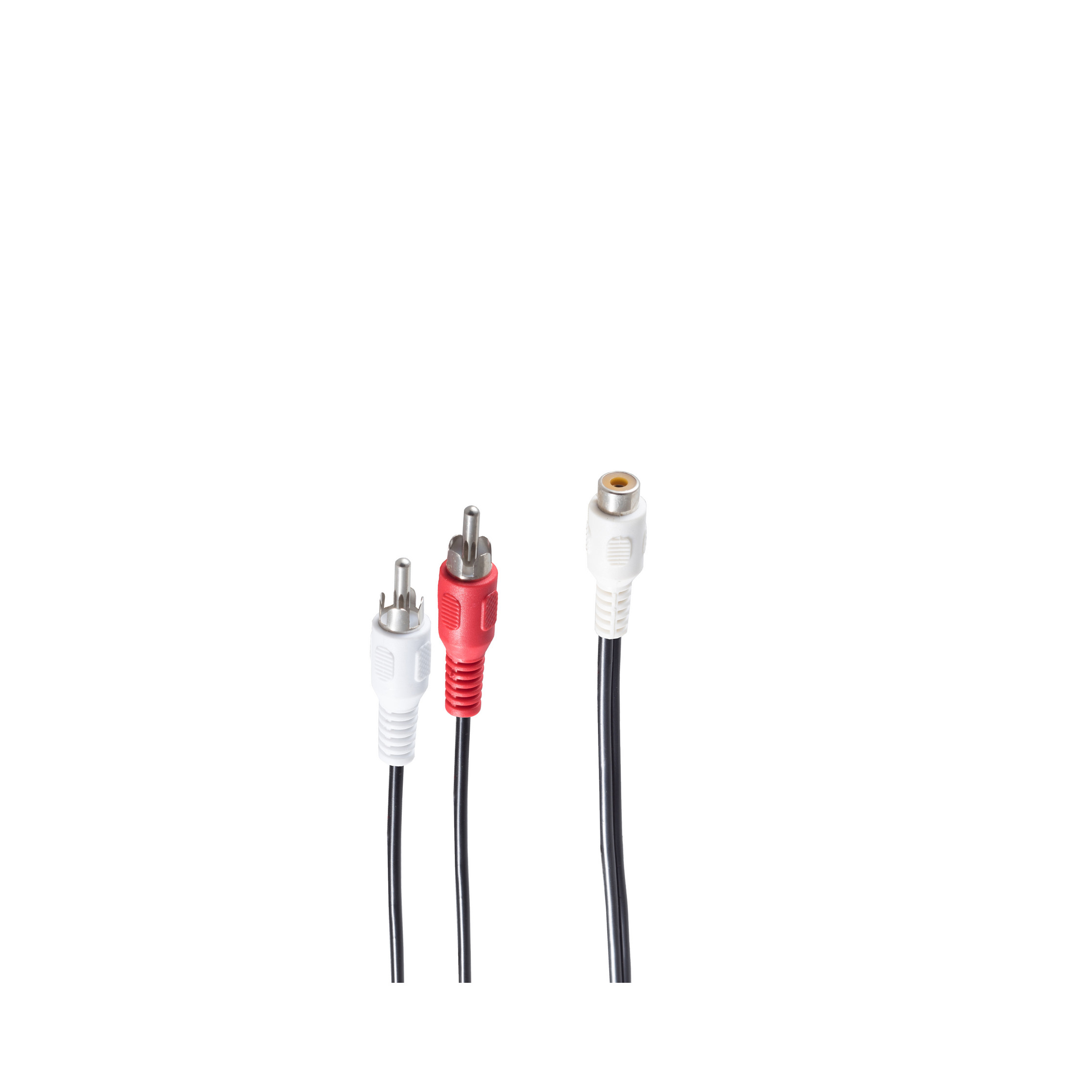 Drei Audiokabel, weiß, rot und weiß, vor weißem Hintergrund.