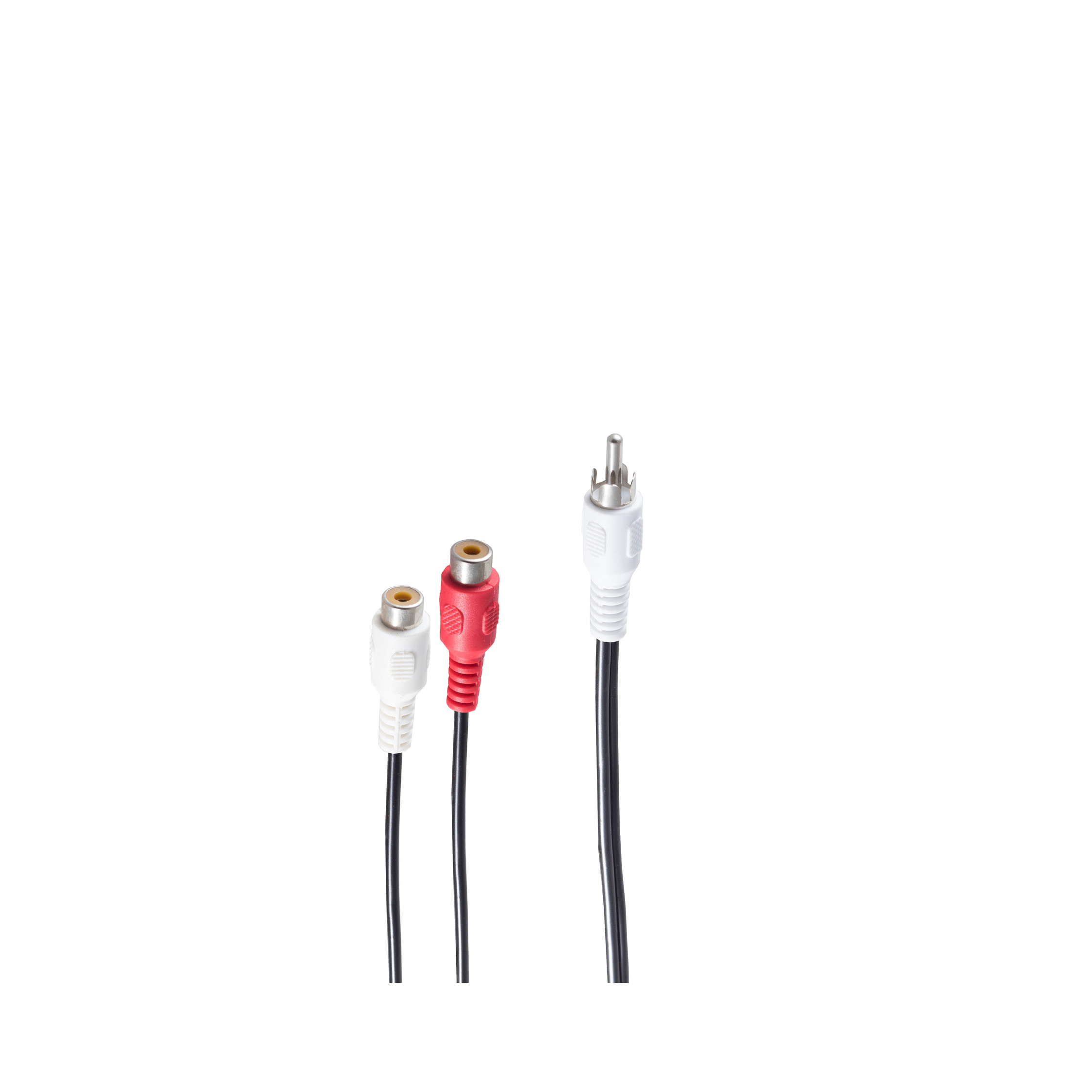 Drei Audiokabel mit weißen, roten und weißen Steckern auf weißer Oberfläche. Schwarze Kabel führen.
