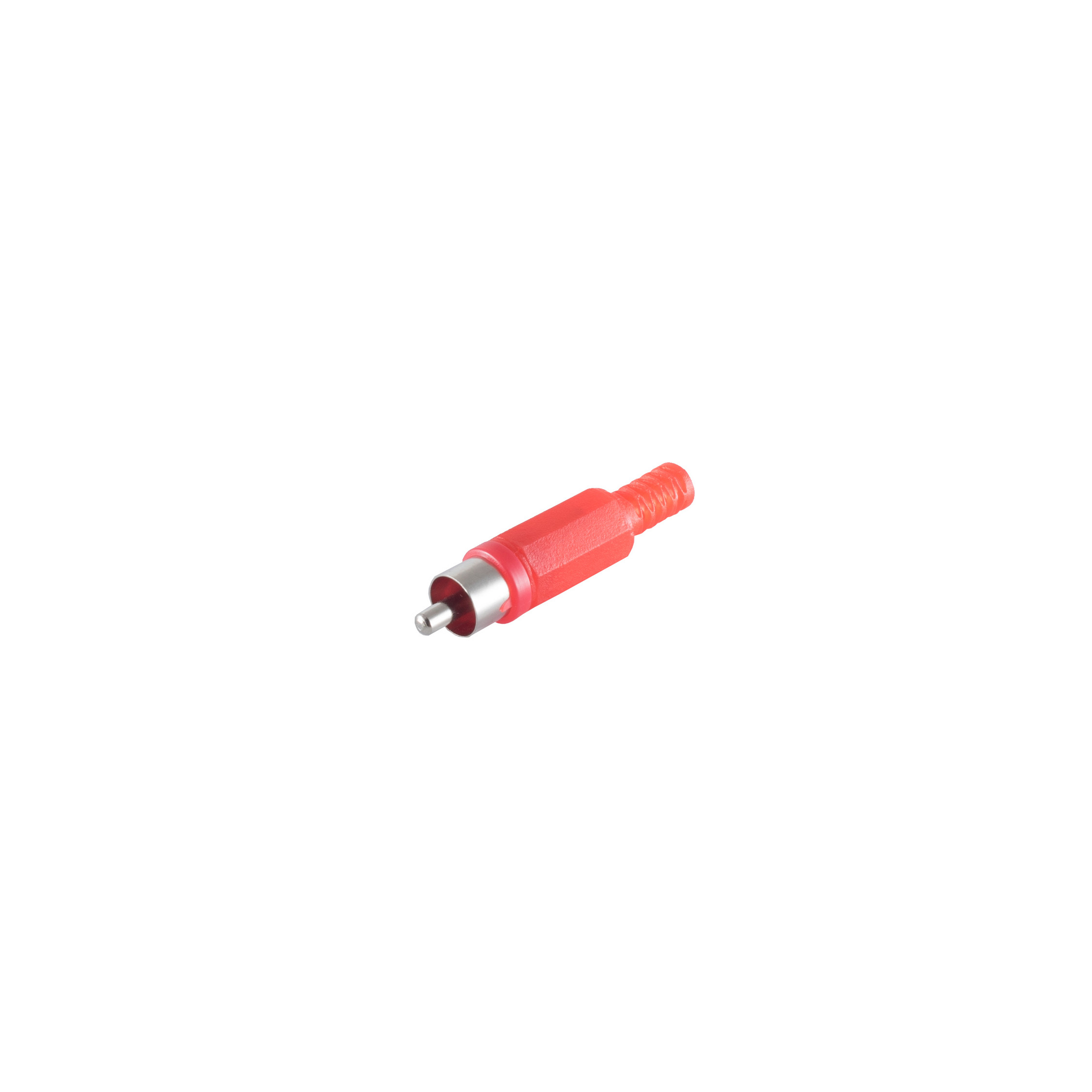 Ein roter Cinch-Stecker auf weißem Hintergrund.