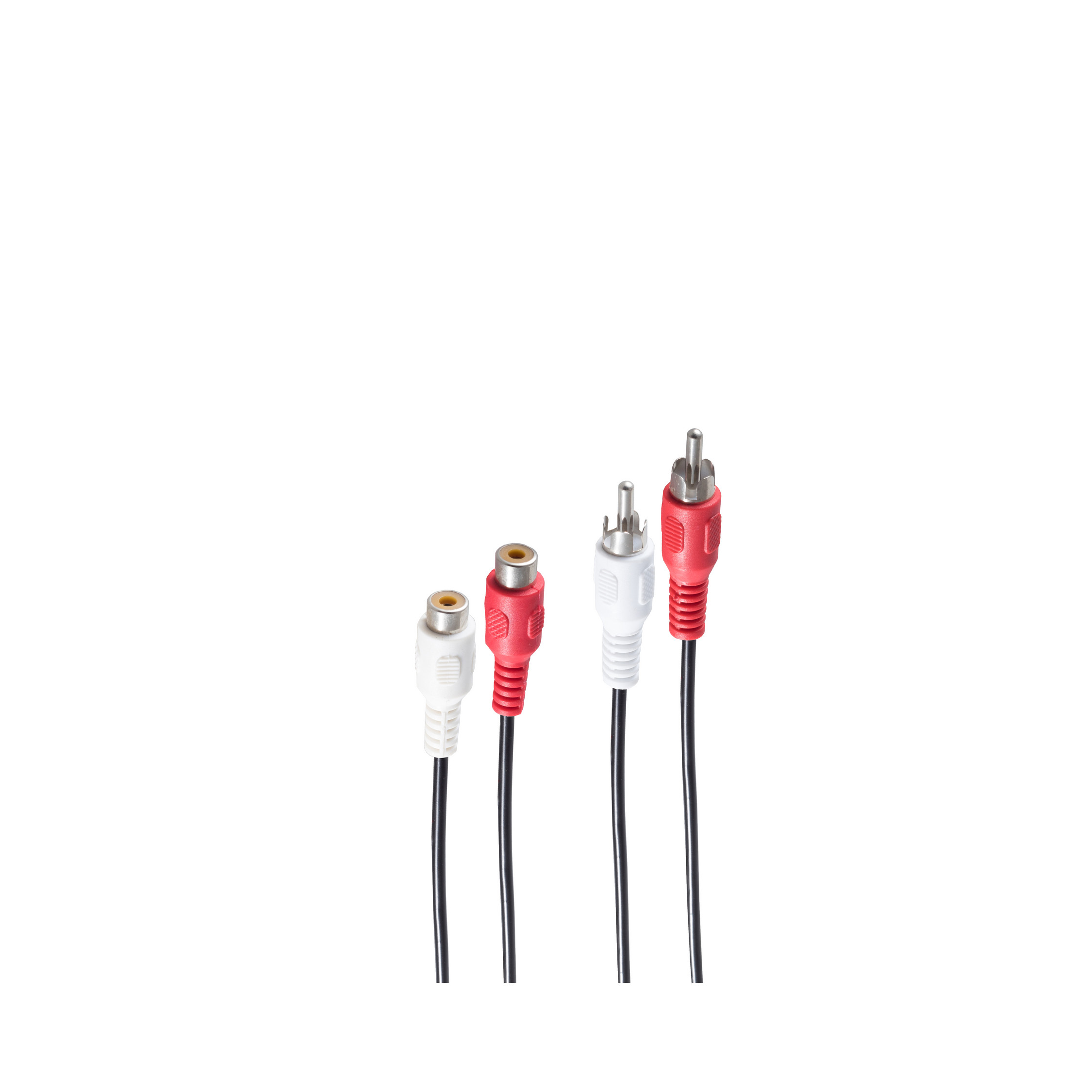 Vier Audiokabel mit roten und weißen Steckern auf weißem Hintergrund.