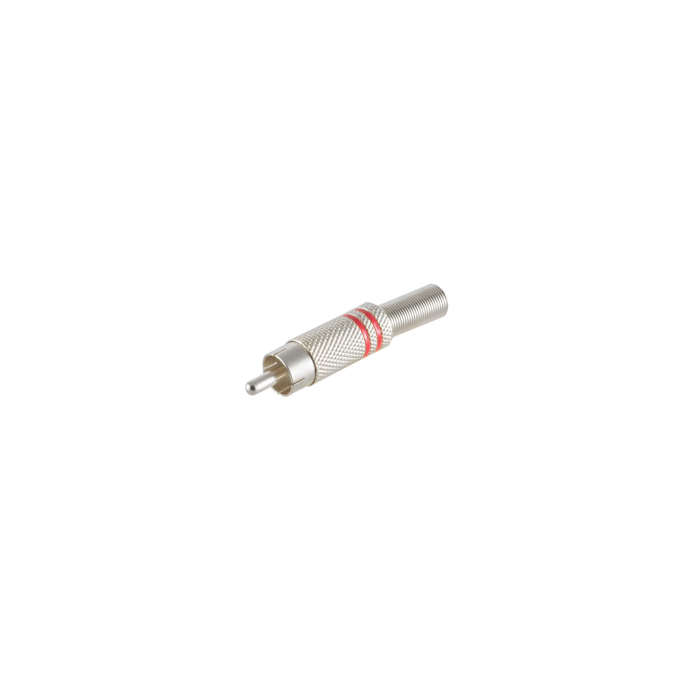 Silberner Cinch-Stecker mit rotem und schwarzem Ring auf weißem Hintergrund. Geriffelt.