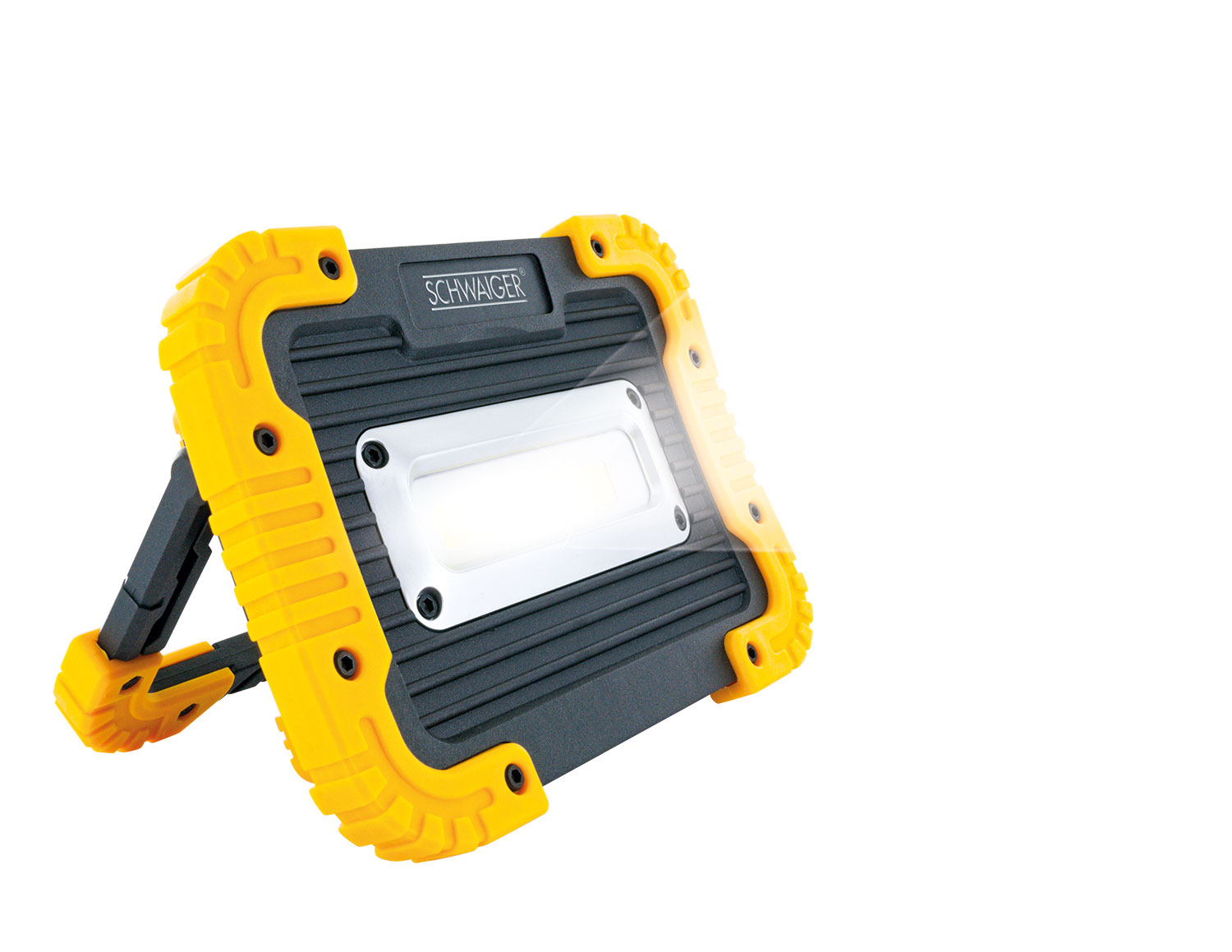 Gelb-schwarzer Arbeitsstrahler mit weißem Lichtpanel, angewinkelt auf weißem Grund.