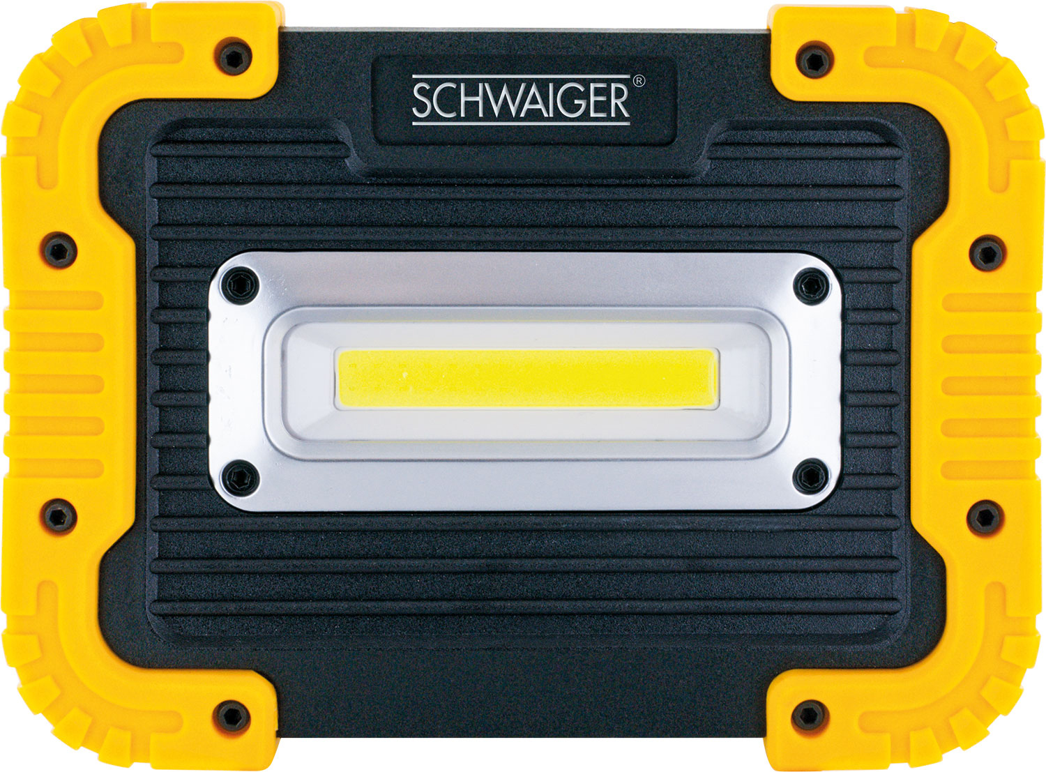 Gelb-schwarze Arbeitsleuchte mit LED-Panel und SCHWAIGER-Logo.